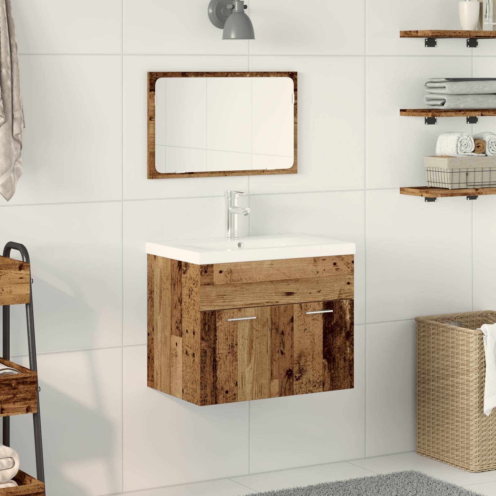 vidaXL 3-teiliges Badezimmermöbel Set Altholz MDF Waschbeckenunterschrank mit Becken und Wandspiegel für rustikale Aufbewahrungslösungen