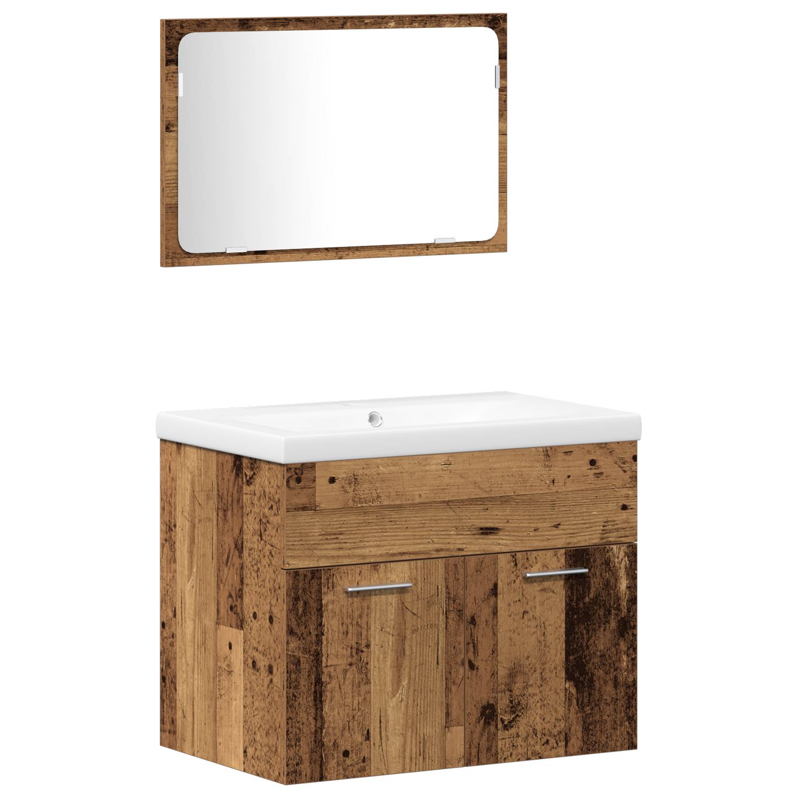vidaXL 3-teiliges Badezimmermöbel Set Altholz MDF Waschbeckenunterschrank mit Becken und Wandspiegel für rustikale Aufbewahrungslösungen