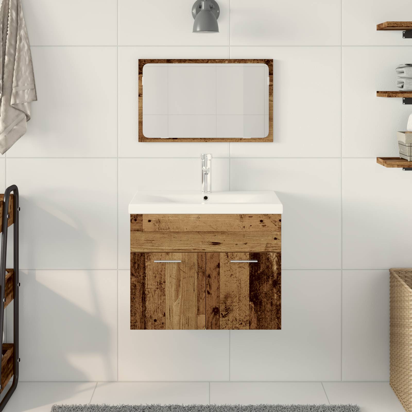 vidaXL 3-teiliges Badezimmermöbel Set Altholz MDF Waschbeckenunterschrank mit Becken und Wandspiegel für rustikale Aufbewahrungslösungen