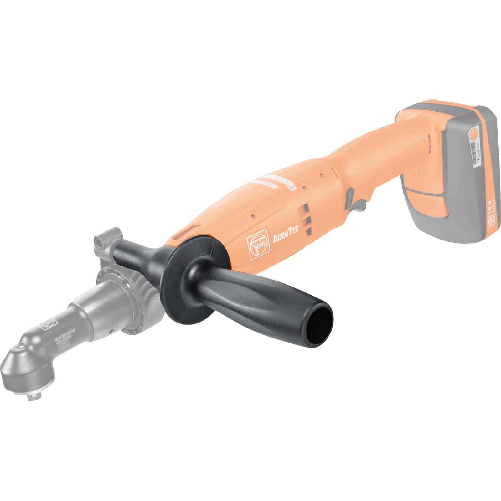 Orangefarbenes kabellose Werkzeug mit schwarzem Griffbügel, ausgestattet mit einem abgewinkelten Aufsatz für präzise Schneid- oder Schleifarbeiten.