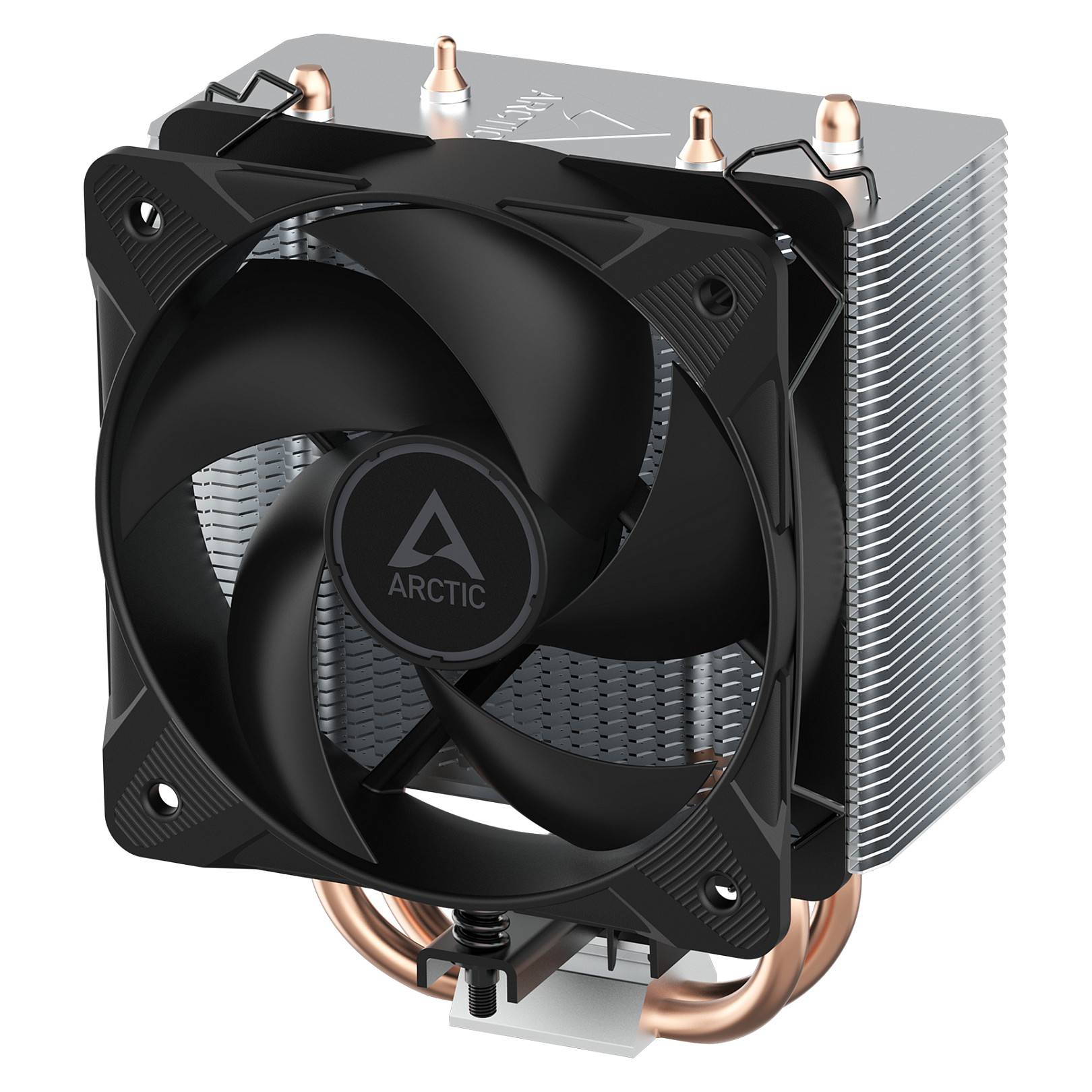 Ein schwarzer Arctic CPU-Kühler mit großem Lüfter und Kupferwärmerohr, speziell für effiziente Wärmeableitung in Computersystemen konzipiert.