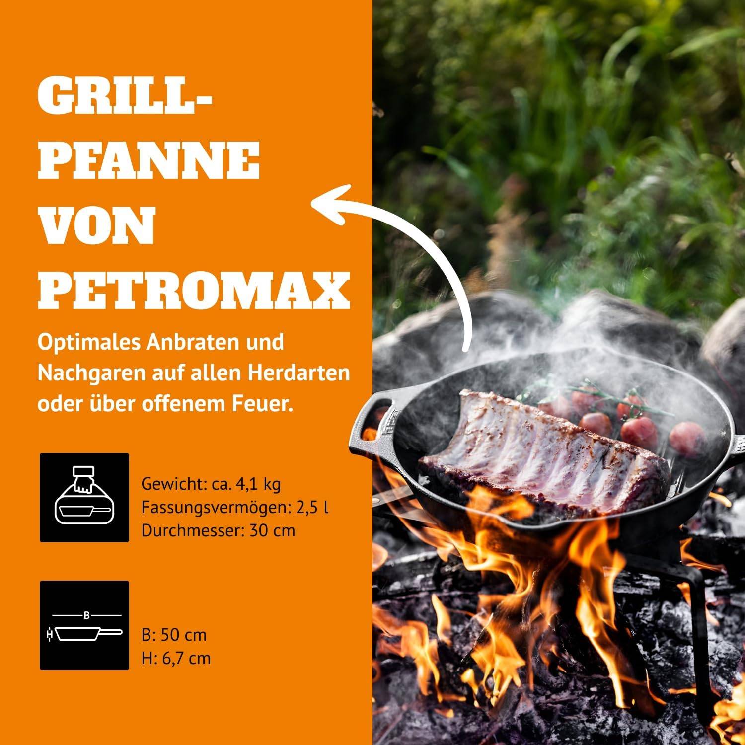 Petromax Grill Feuerpfanne mit Stiel Gusseisen 35cm