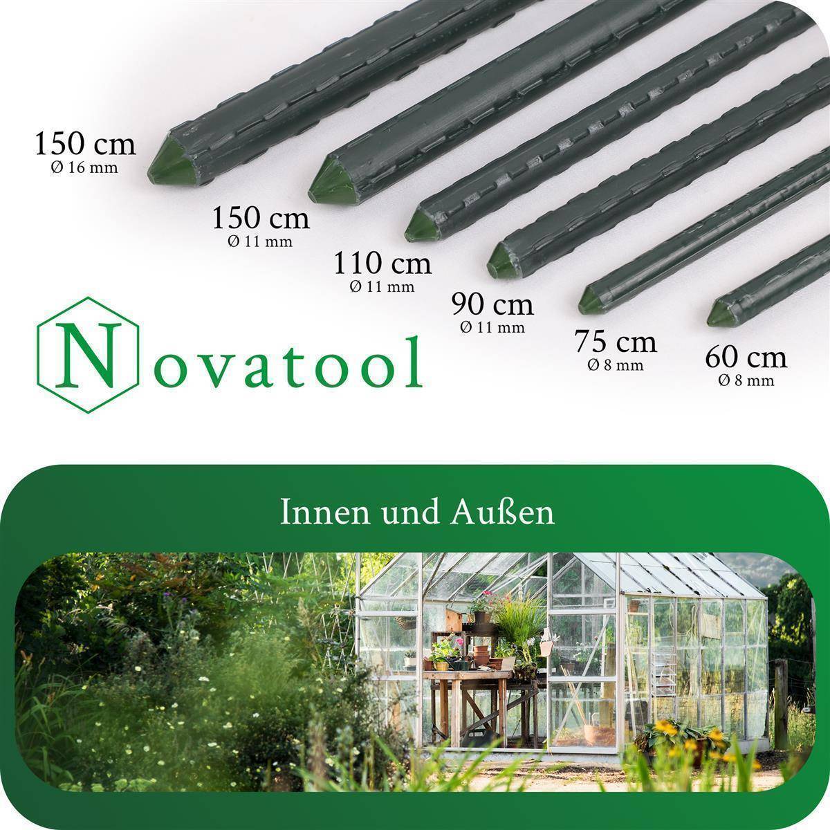 Novatool 5 Pflanzstäbe 150 cm grün 11mm Durchmesser Rankstäbe aus kunststoffummantelten Metall Rankhilfe Tomatenstäbe Blumenhalter