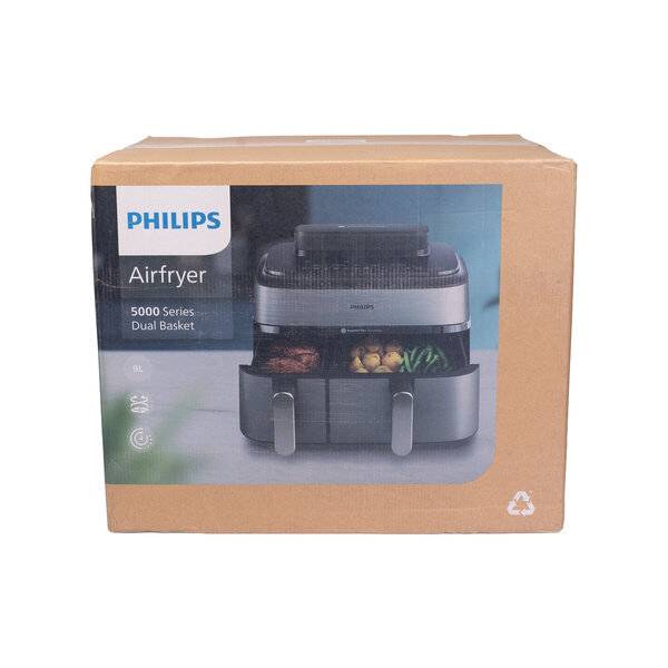 Philips Airfryer 5000 Serie Dual Basket Box mit Produktbild eines Doppelschublade-Heißluftfritteusen-Geräts.