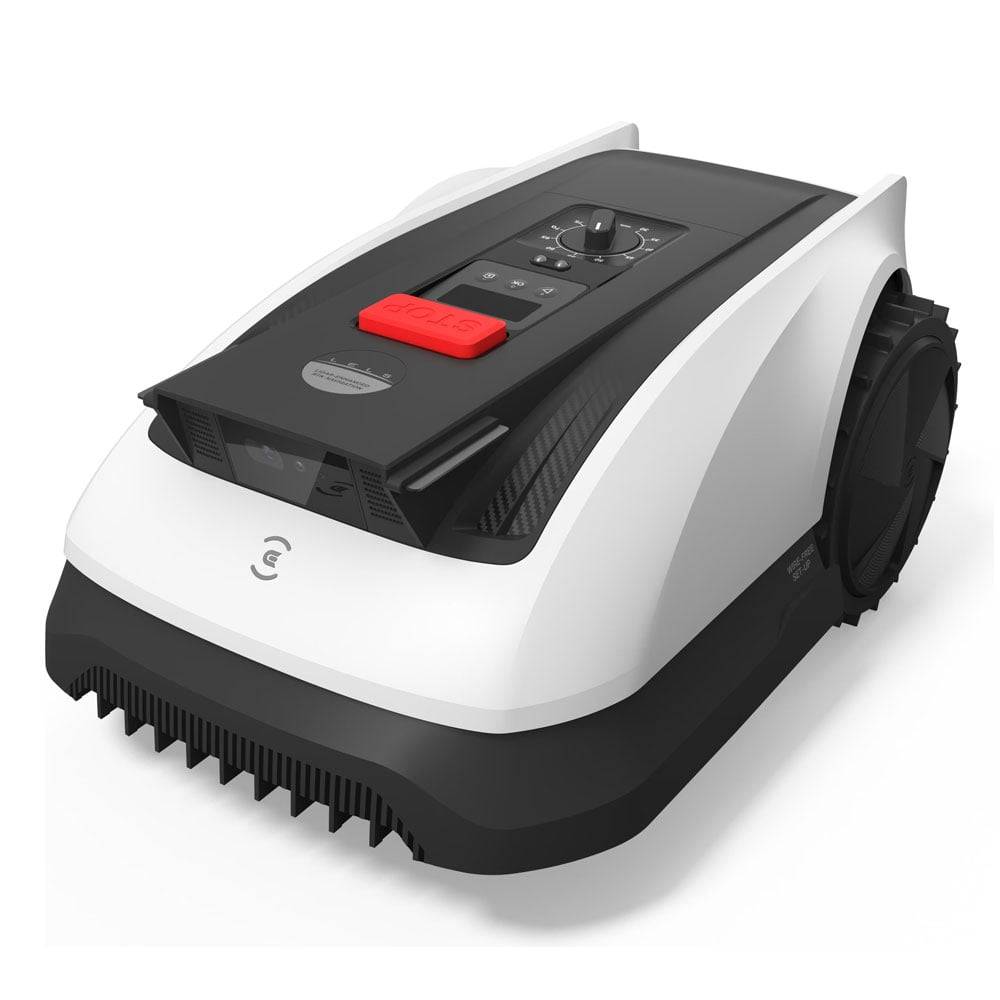„Bild eines modernen Roboter-Rasenmähers mit elegantem Design, das einen schwarz-weißen Körper mit Steuerschaltflächen oben aufweist.