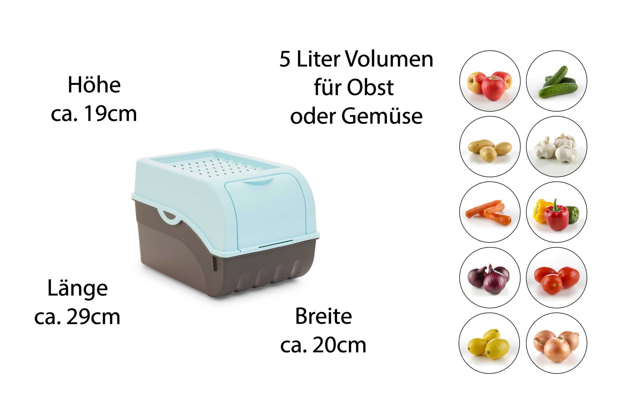 Novaliv 2x Mittel 5L türkis light Gemüsebox Kartoffel Aufbewahrungsbox Vorratsdose Zwiebeltopf Knoblauchbox Obsttopf