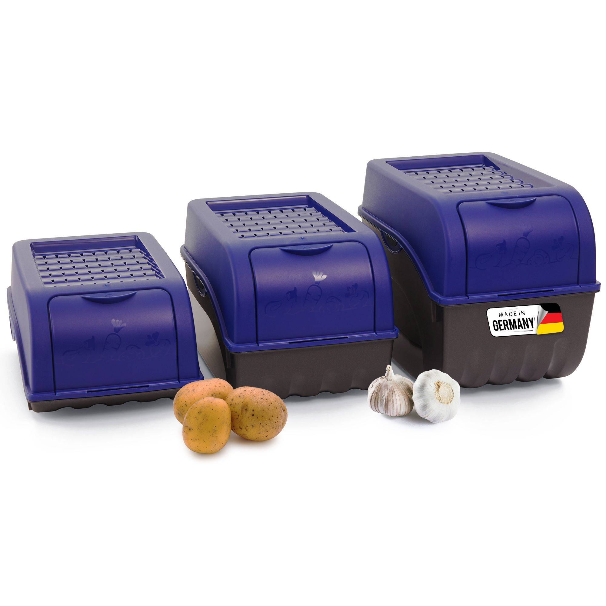 Novaliv Gemüsebox Set marineblau Kartoffel Aufbewahrungsbox Vorratsdoseset Zwiebeltopf Knoblauchbox Obsttopf