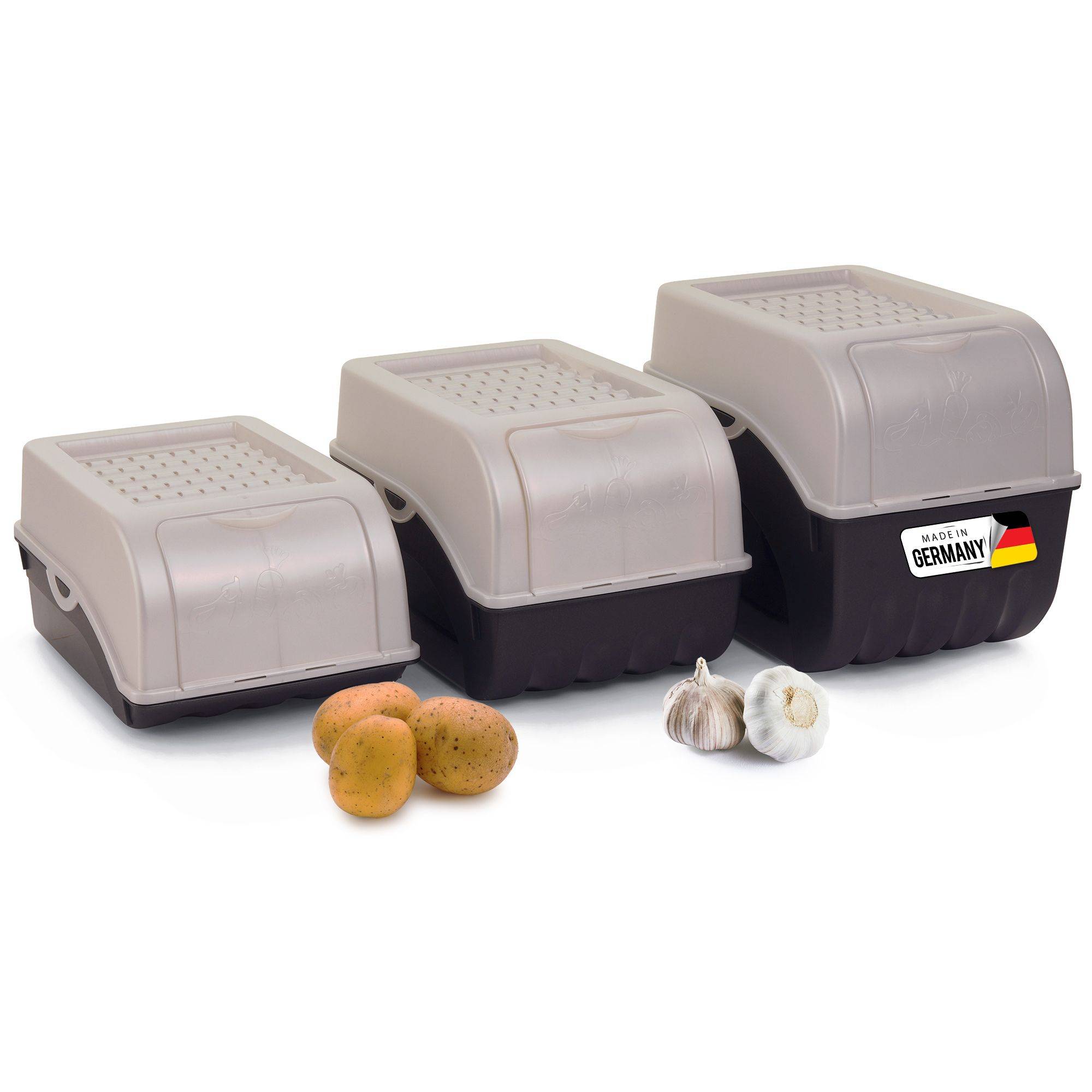 Novaliv Gemüsebox Set perlmut Kartoffel Aufbewahrungsbox Vorratsdoseset Zwiebeltopf Knoblauchbox Obsttopf