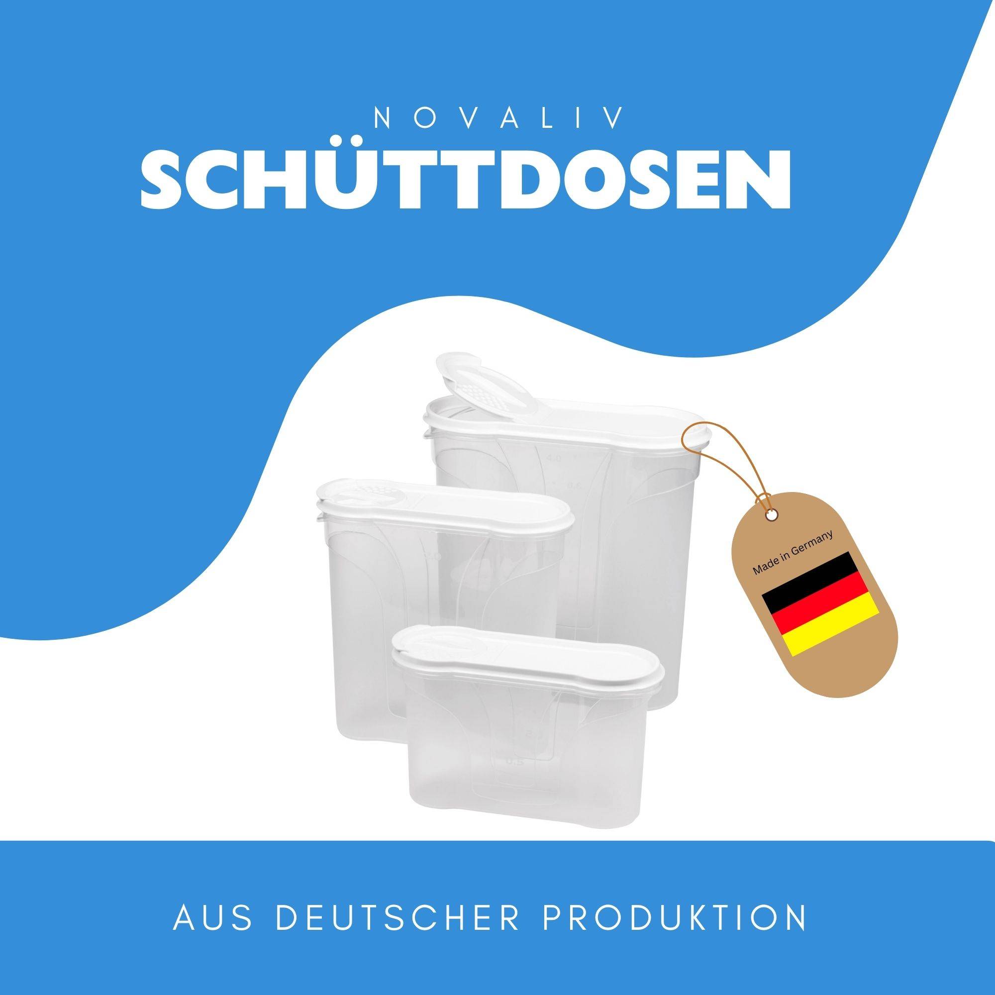 Novaliv Schüttdosen 2er SET Vorratsdose zum Streuen 2,4 Liter - Maße (LxBxH): 22 x 21 x 8,5 cm - Dose mit Deckel 2l für Müsli Mehl Zucker Dosen K