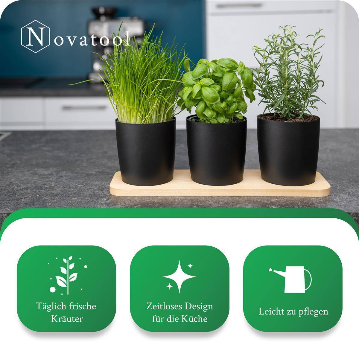 Novaliv Stilvolle Kräuterstation 9er Set mit Holzunterlage - Kräutertopf für jede Fensterbank, Für frische Küchenkräuter, Kräutergarten für di