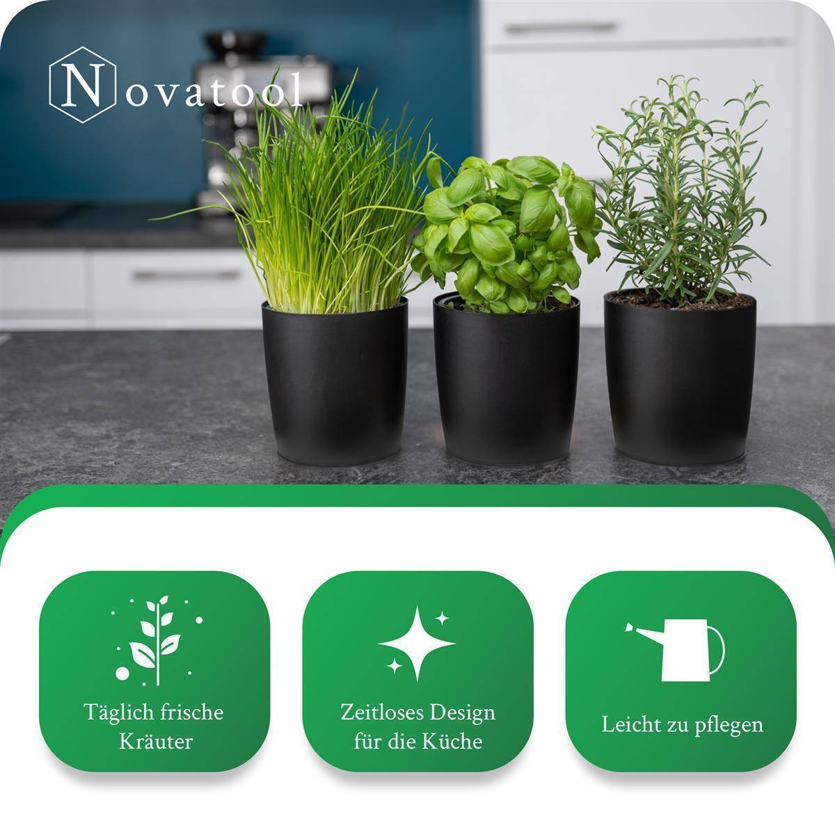 Novaliv Stilvolle 3er Set Kräutertopf aus Kunststoff Schwarz für jede Fensterbank, frische Küchenkräuter, Kräutergarten für die küche, Kräuter