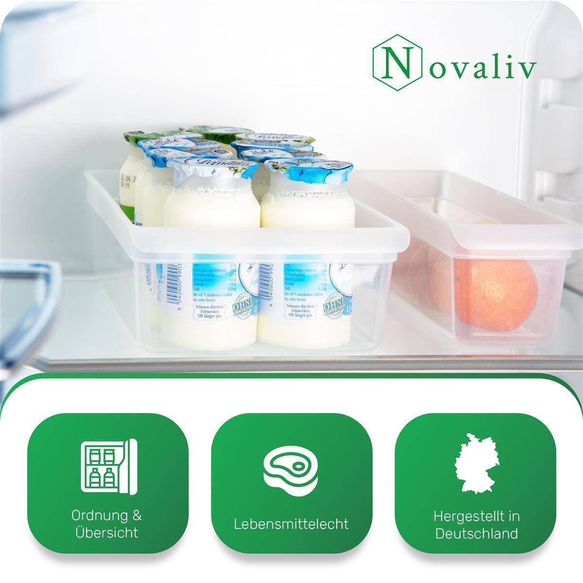 Novaliv 2x Kühlschrank Organizer 30,5 x 7,5 x 22 cm BPA-frei Küchenordnung Made in Germany Organizer durchsichtig Lebensmittelecht Aufbewahrung für