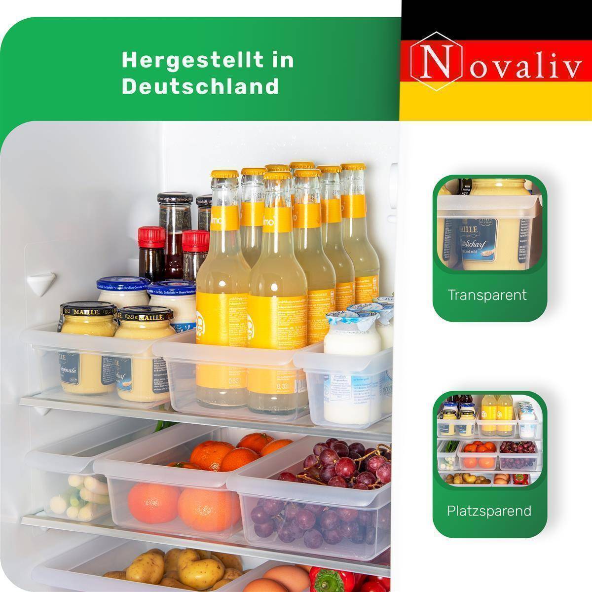Novaliv Kühlschrank 4er Set Organizer Kühlschrank Klein + Mittel BPA-frei Küchenordnung küchenorganizer Kühlschrankorganizer Lebensmittelecht FFl