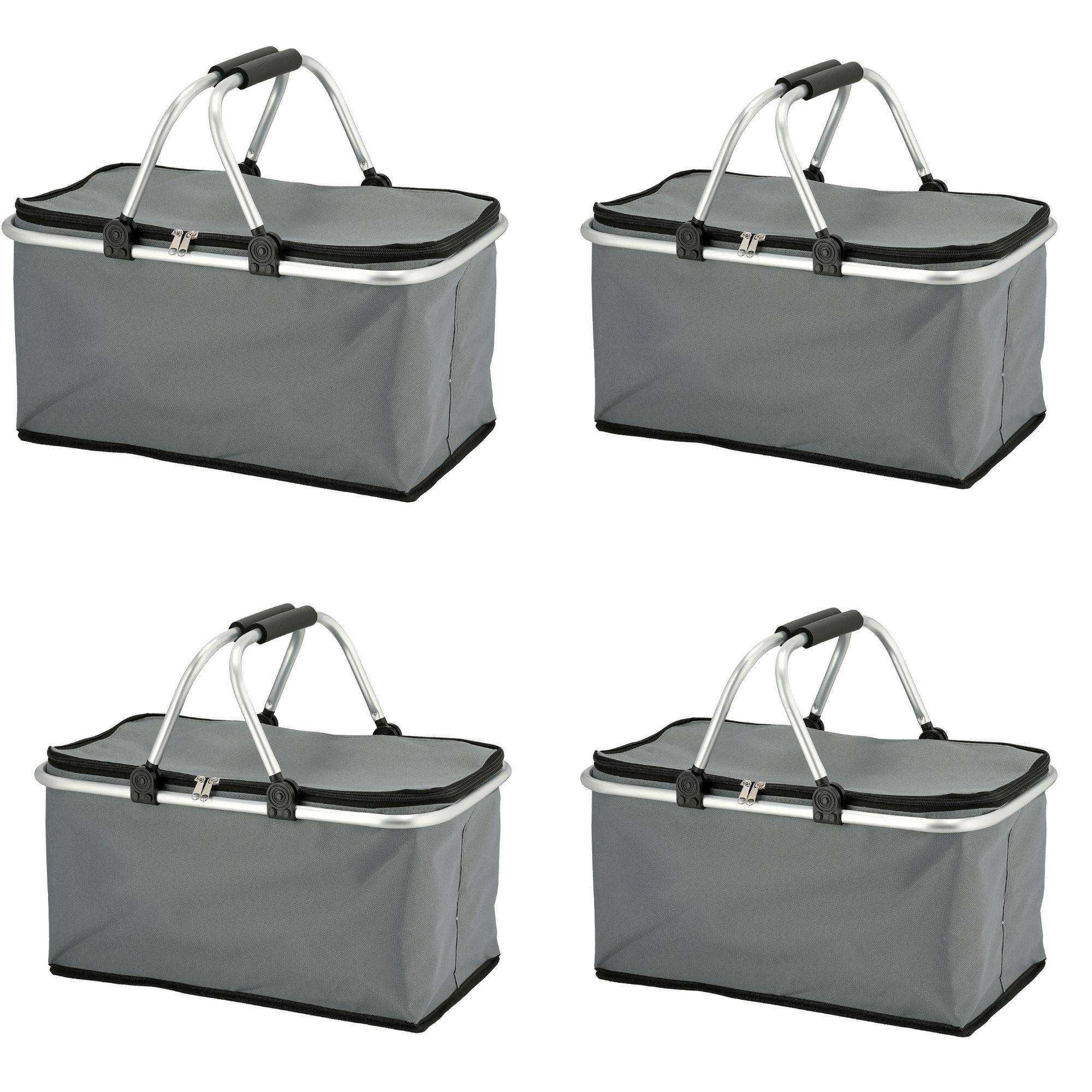 Novaliv 4x Einkaufskorb faltbar mit Kühlfunktion 30 Liter GRAU Isolierkorb mit gepolsterten Tragegriffen und Reißverschluss am Deckel Tragekorb