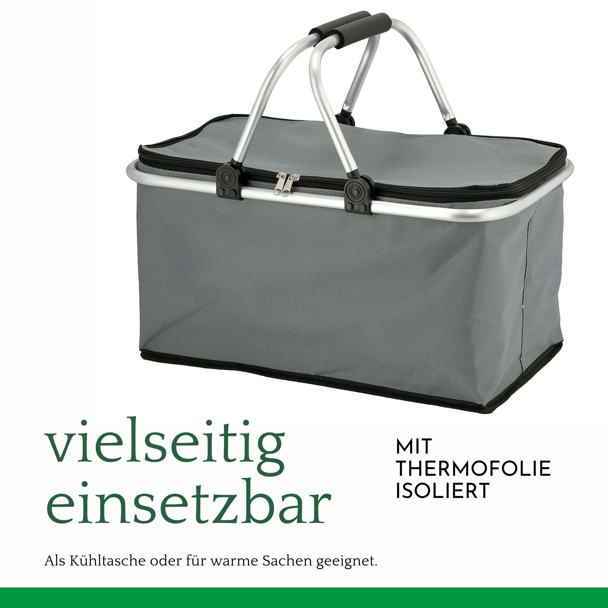 Novaliv 12x Einkaufskorb faltbar mit Kühlfunktion 30 Liter GRAU Isolierkorb mit gepolsterten Tragegriffen und Reißverschluss am Deckel Tragekorb