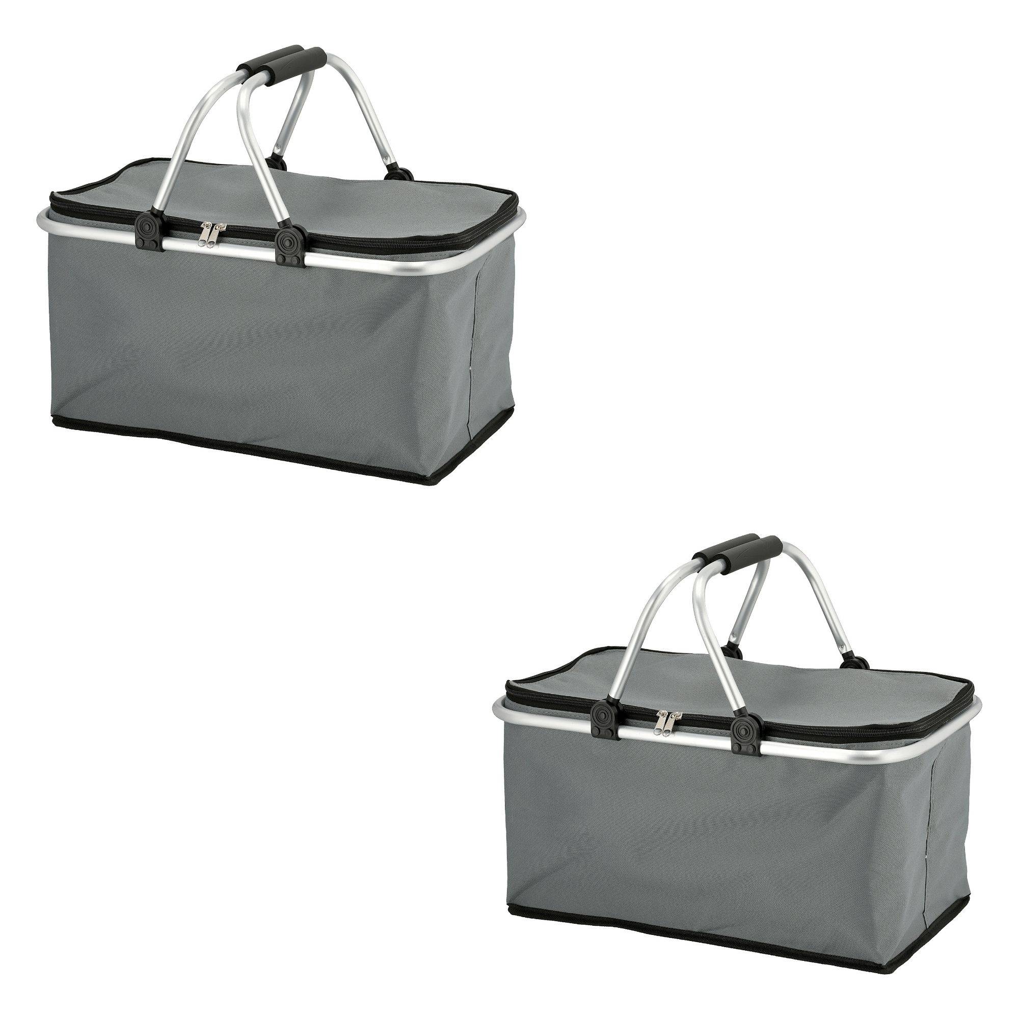 Novaliv 2x Einkaufskorb faltbar mit Kühlfunktion 30 Liter GRAU Isolierkorb mit gepolsterten Tragegriffen und Reißverschluss am Deckel Tragekorb