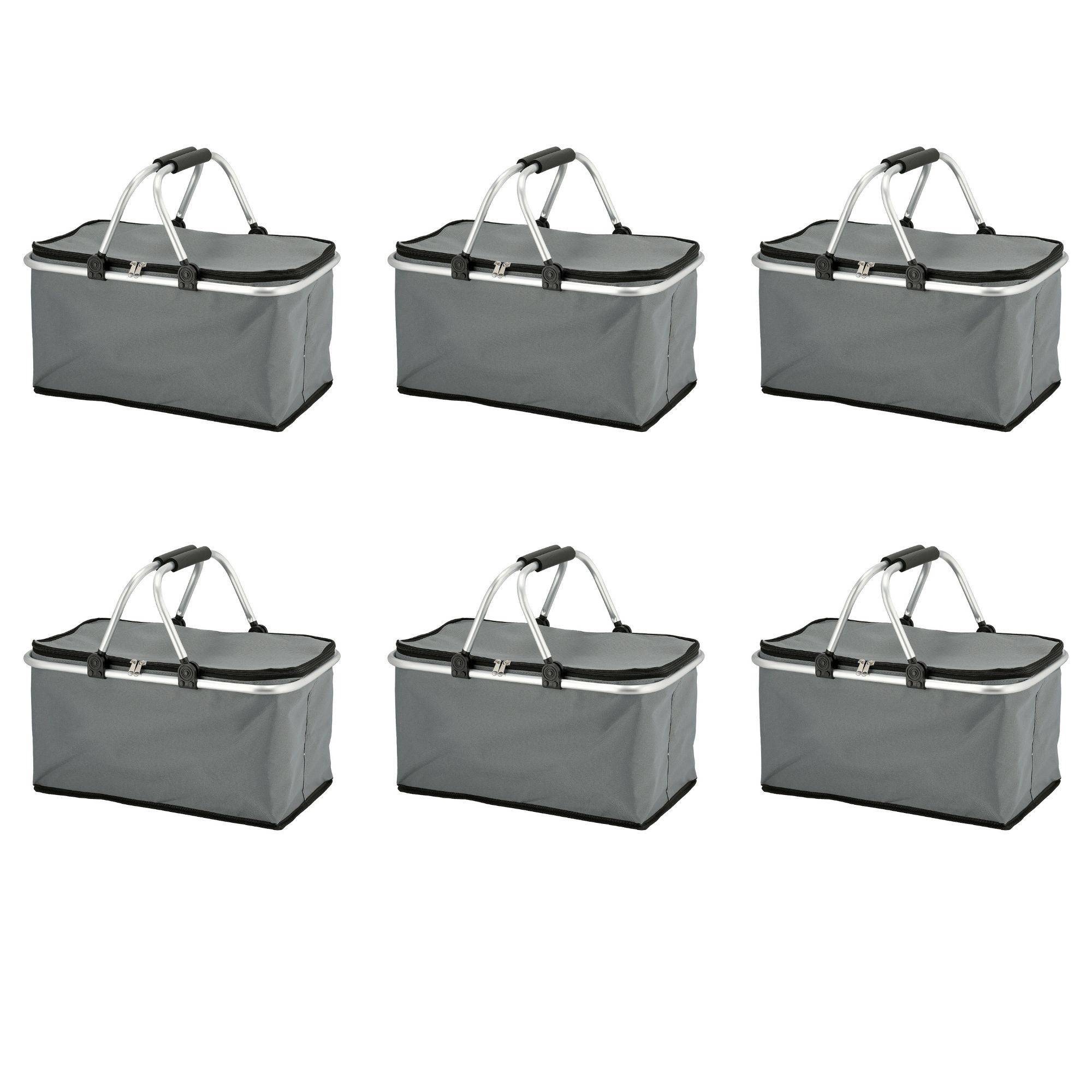Novaliv 6x Einkaufskorb faltbar mit Kühlfunktion 30 Liter GRAU Isolierkorb mit gepolsterten Tragegriffen und Reißverschluss am Deckel Tragekorb