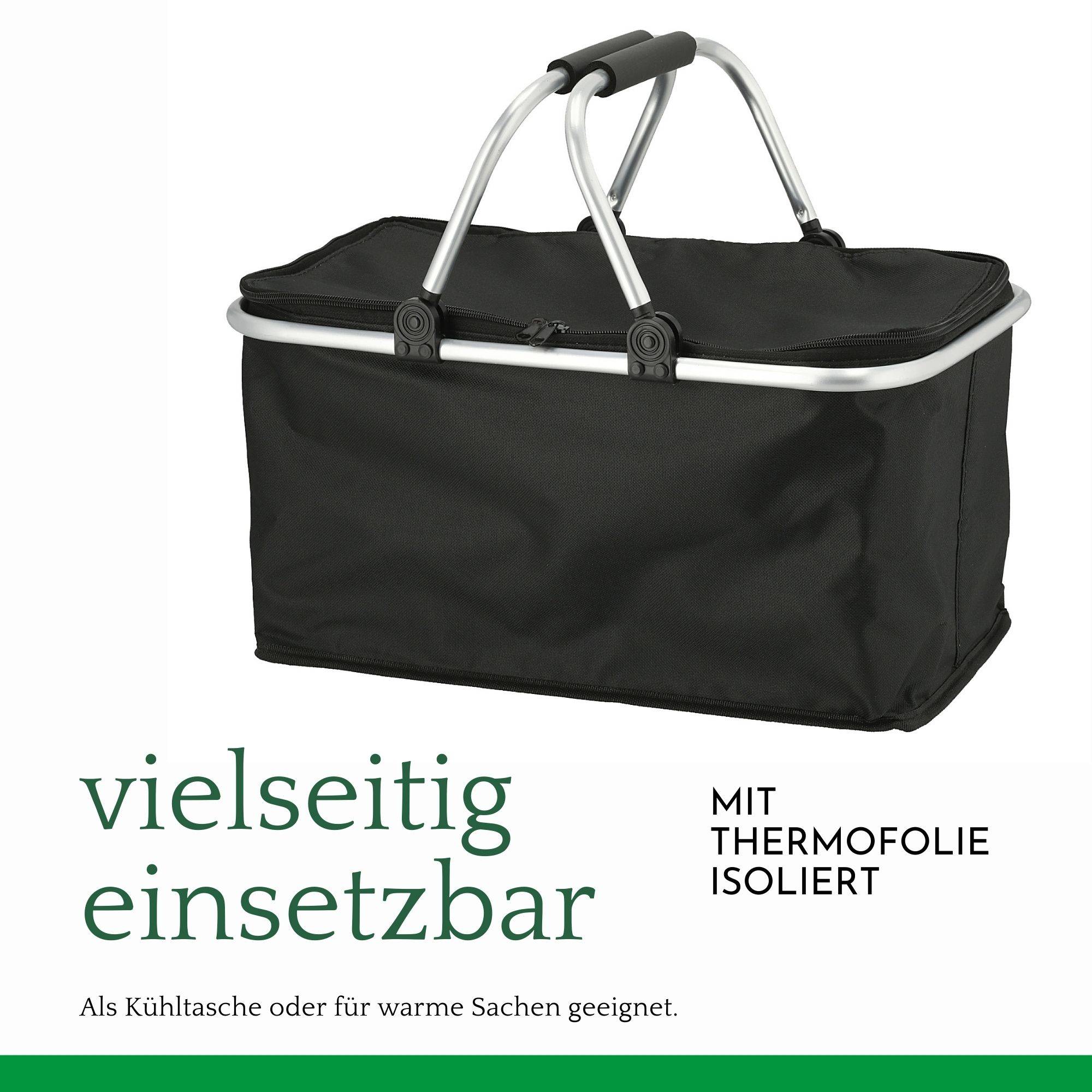 Novaliv Einkaufskorb faltbar mit Kühlfunktion 30 Liter SCHWARZ Isolierkorb mit gepolsterten Tragegriffen und Reißverschluss am Deckel Tragekorb