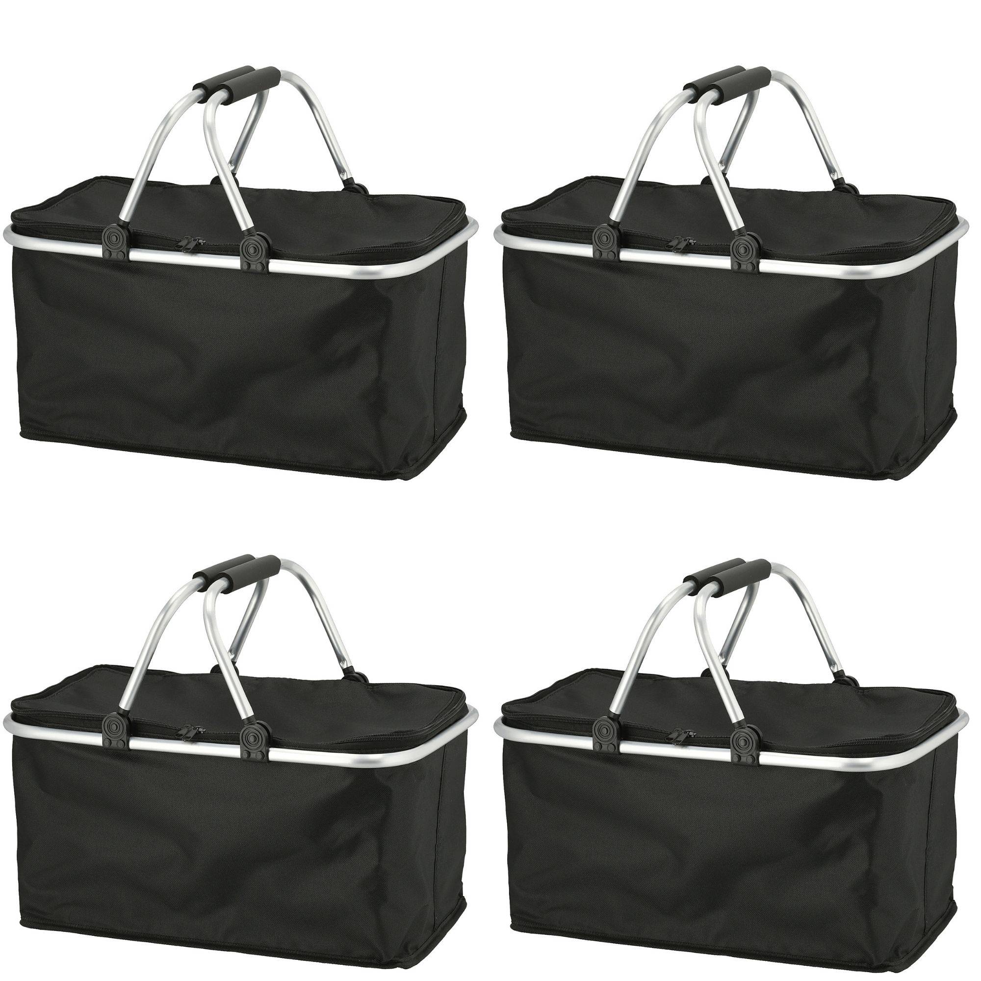 Novaliv 4x Einkaufskorb faltbar mit Kühlfunktion 30 Liter SCHWARZ Isolierkorb mit gepolsterten Tragegriffen und Reißverschluss am Deckel Tragekorb