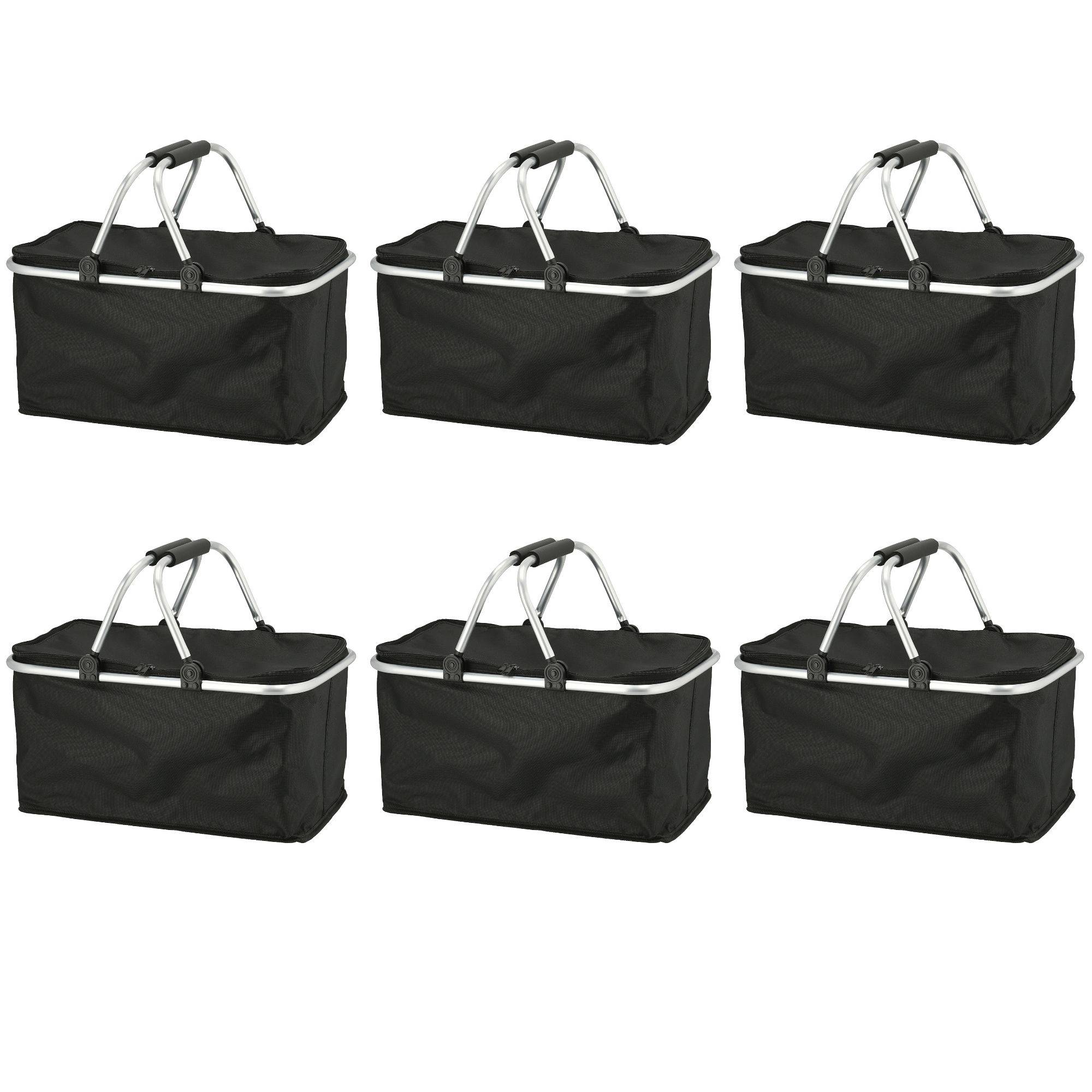 Novaliv 6x Einkaufskorb faltbar mit Kühlfunktion 30 Liter SCHWARZ Isolierkorb mit gepolsterten Tragegriffen und Reißverschluss am Deckel Tragekorb