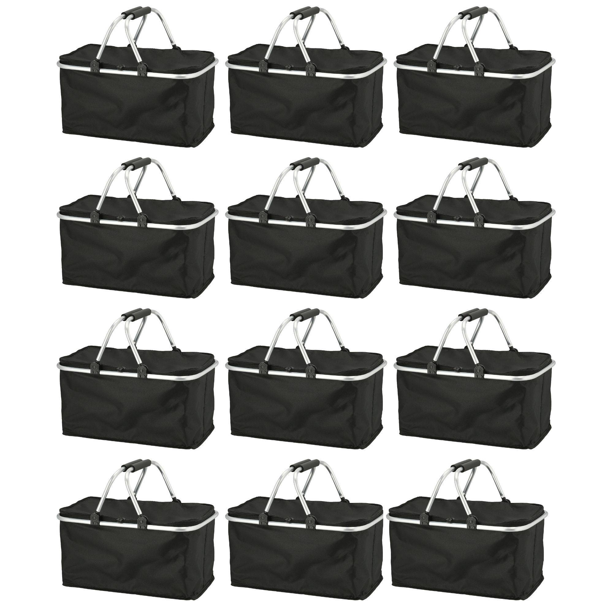 Novaliv 12x Einkaufskorb faltbar mit Kühlfunktion 30 Liter SCHWARZ Isolierkorb mit gepolsterten Tragegriffen und Reißverschluss am Deckel Tragekorb