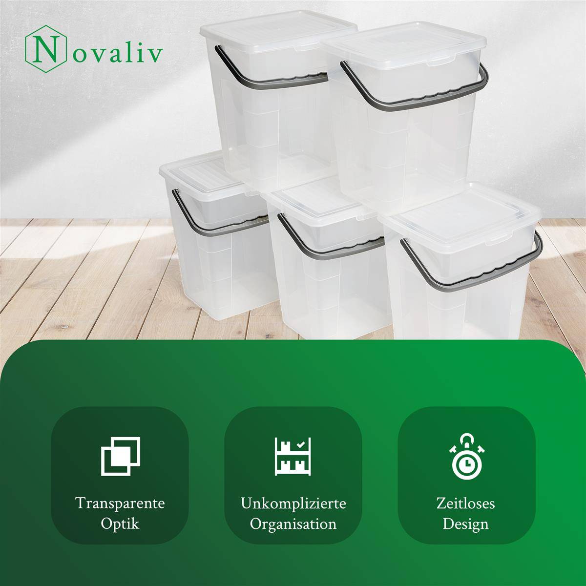 Novaliv Waschmittelbox mit Deckel 7 Liter I Transparent I 23,5 x 18 x 26,5 cm I Box Waschpulver Aufbewahrungsbox mit Henkel Waschmittel
