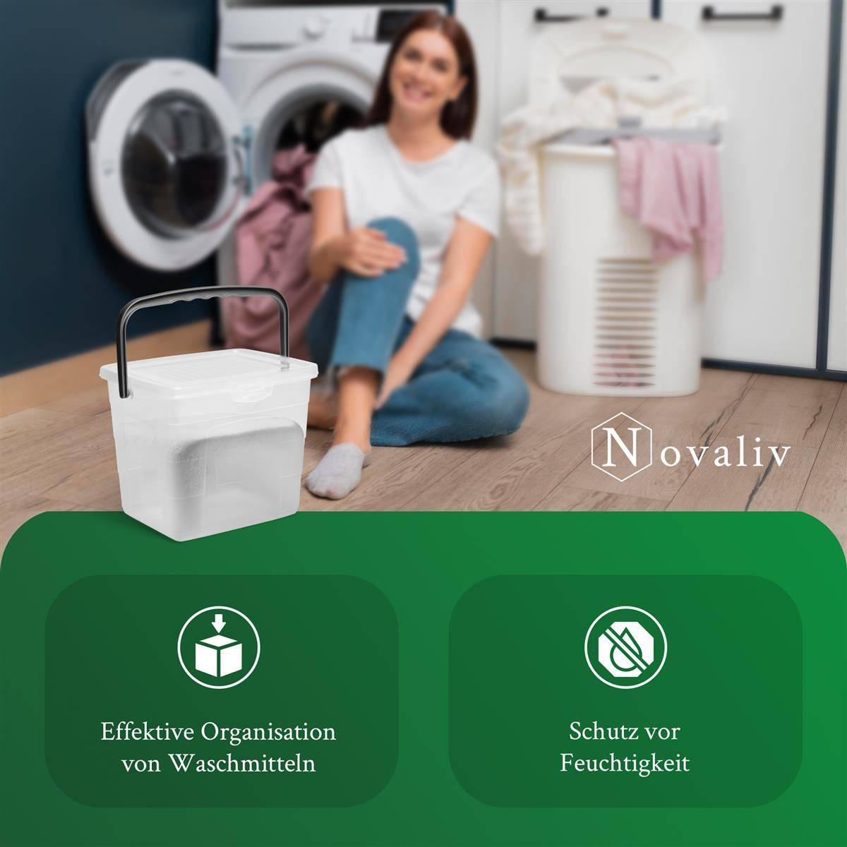 Novaliv Waschmittelbox mit Deckel 4 Liter I Transparent I 23,5 x 18 x 18,5 cm I Box Waschpulver Aufbewahrungsbox mit Henkel Waschmittel