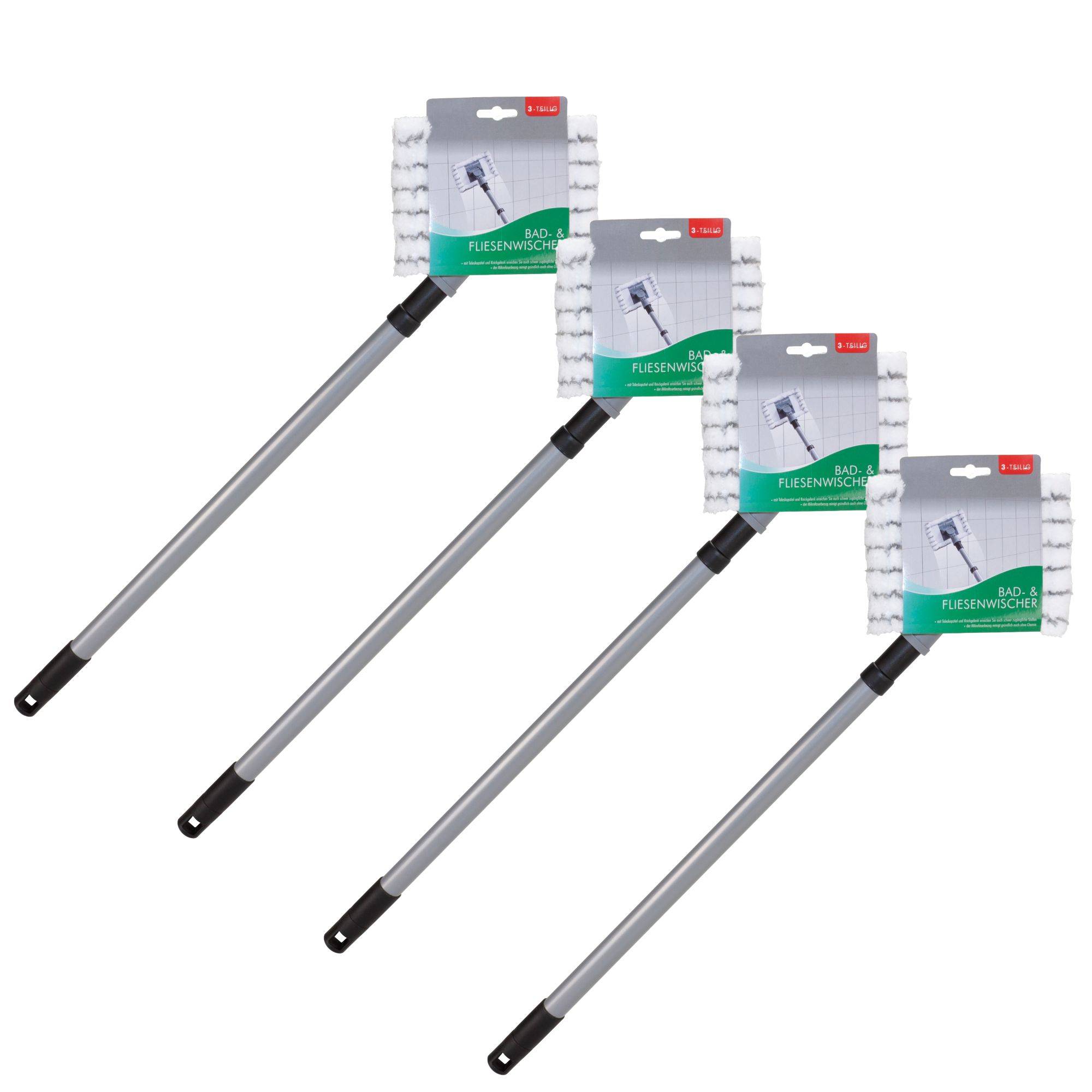 Novaliv 4x Fliesenreiniger Bad Wand mit Teleskopstiel inkl. Mikrofaser Bezug Fliesenwischer Badwischer Fliesenputzer Bad