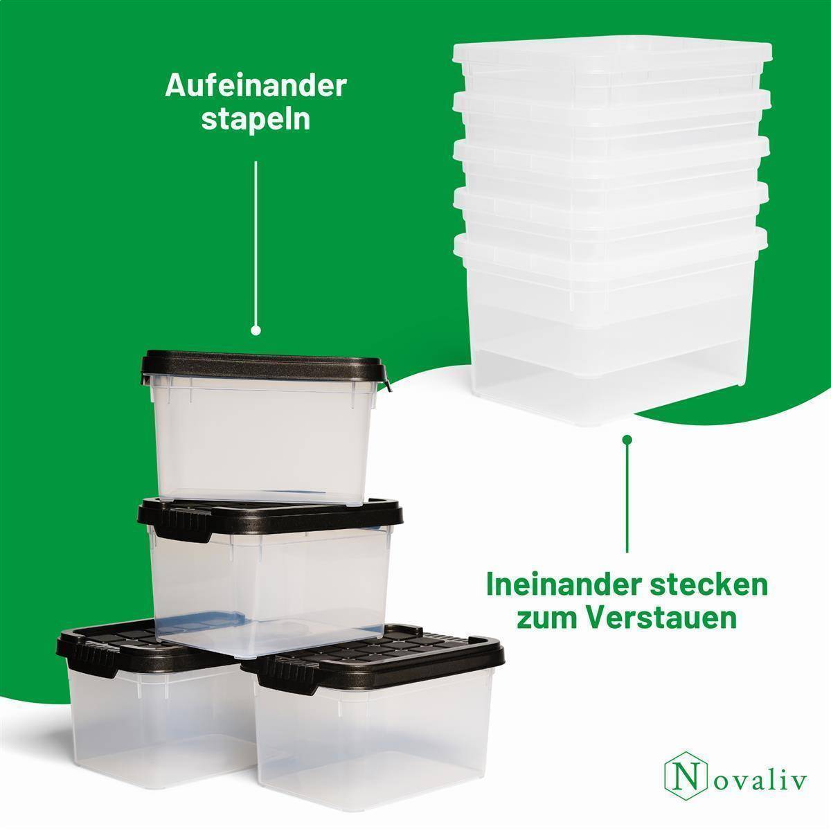 Novaliv 8x Aufbewahrungsboxen mit Deckel klein 2 L Anthrazit Nestbar stapelbare Plastikboxen mit Clipverschluss Kunststoff BPA-frei 19 x 14 x 11 cm