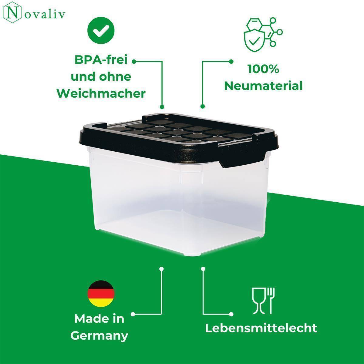Novaliv Aufbewahrungsbox mit Deckel klein 2 L Anthrazit Nestbar stapelbare Plastikbox mit Clipverschluss Kunststoff BPA-frei 19 x 14 x 11 cm