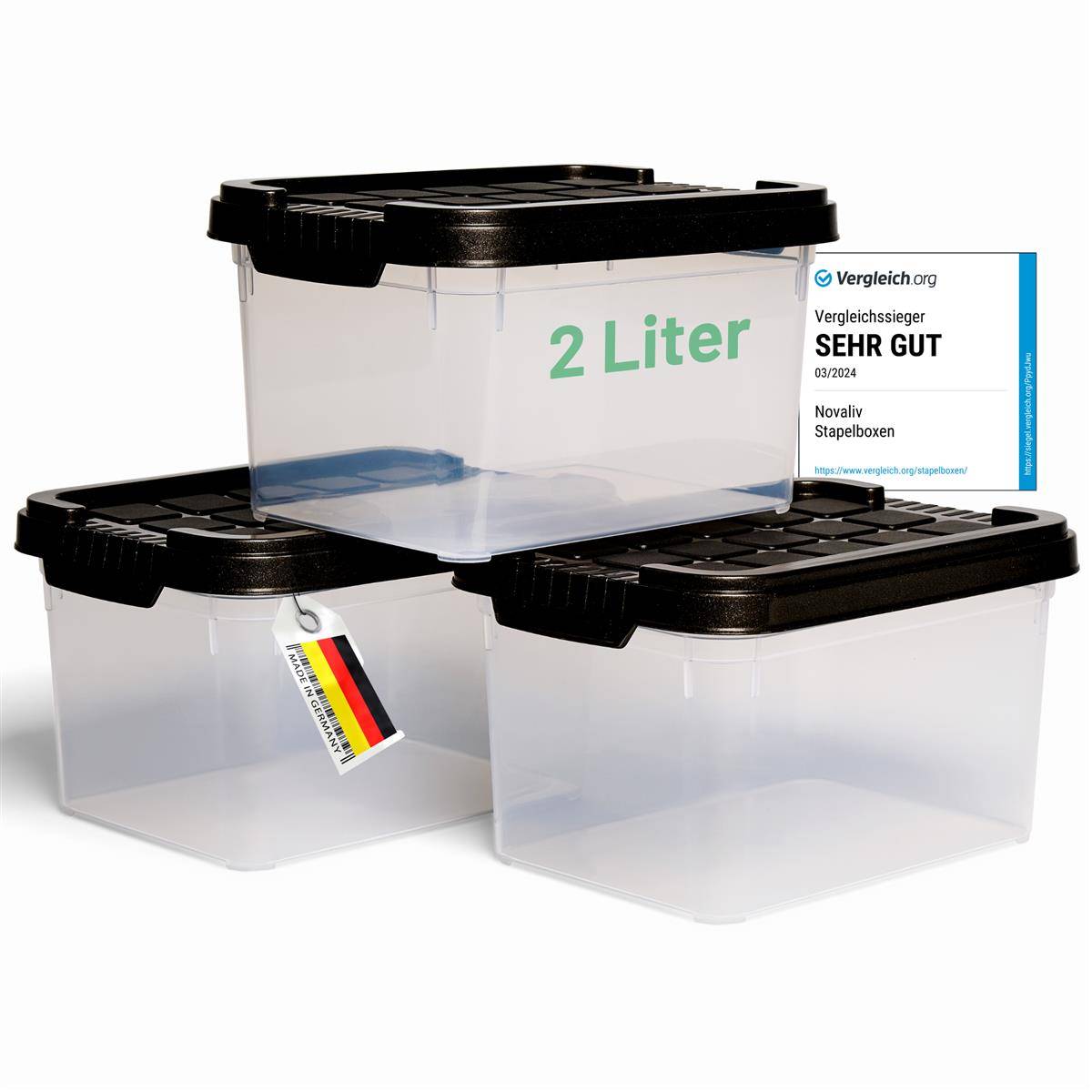 Novaliv 3x Aufbewahrungsboxen mit Deckel klein 2 L Anthrazit Nestbar stapelbare Plastikboxen mit Clipverschluss Kunststoff BPA-frei 19 x 14 x 11 cm
