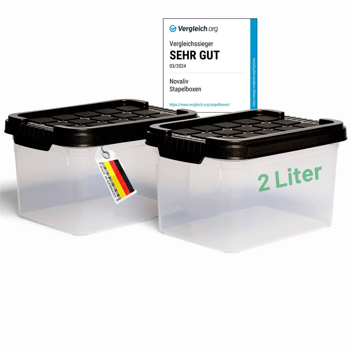 Novaliv 2x Aufbewahrungsboxen mit Deckel klein 2 L Anthrazit Nestbar stapelbare Plastikboxen mit Clipverschluss Kunststoff BPA-frei 19 x 14 x 11 cm