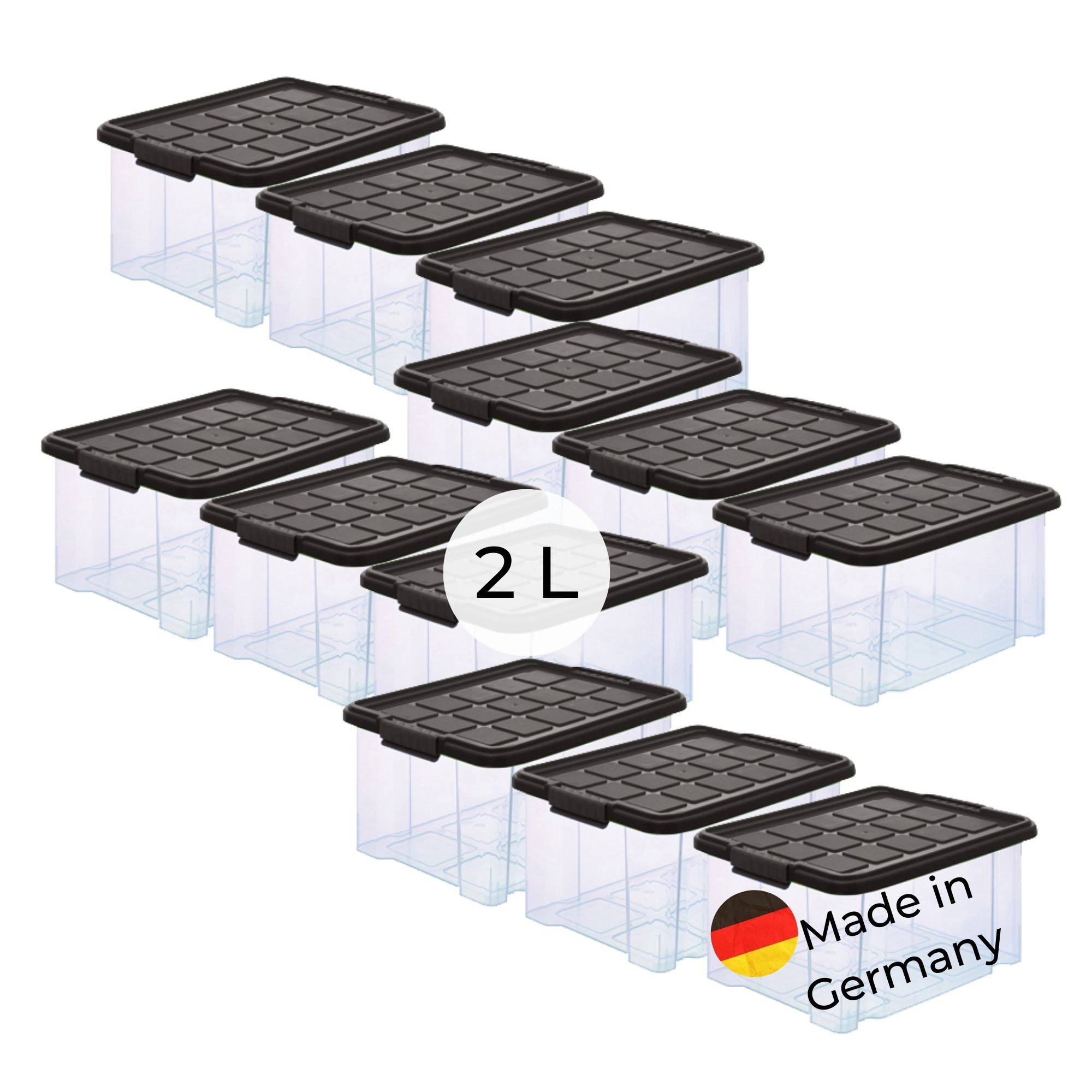 Novaliv 12x Aufbewahrungsboxen mit Deckel klein 2 L Anthrazit Nestbar stapelbare Plastikboxen mit Clipverschluss Kunststoff BPA-frei 19 x 14 x 11 cm