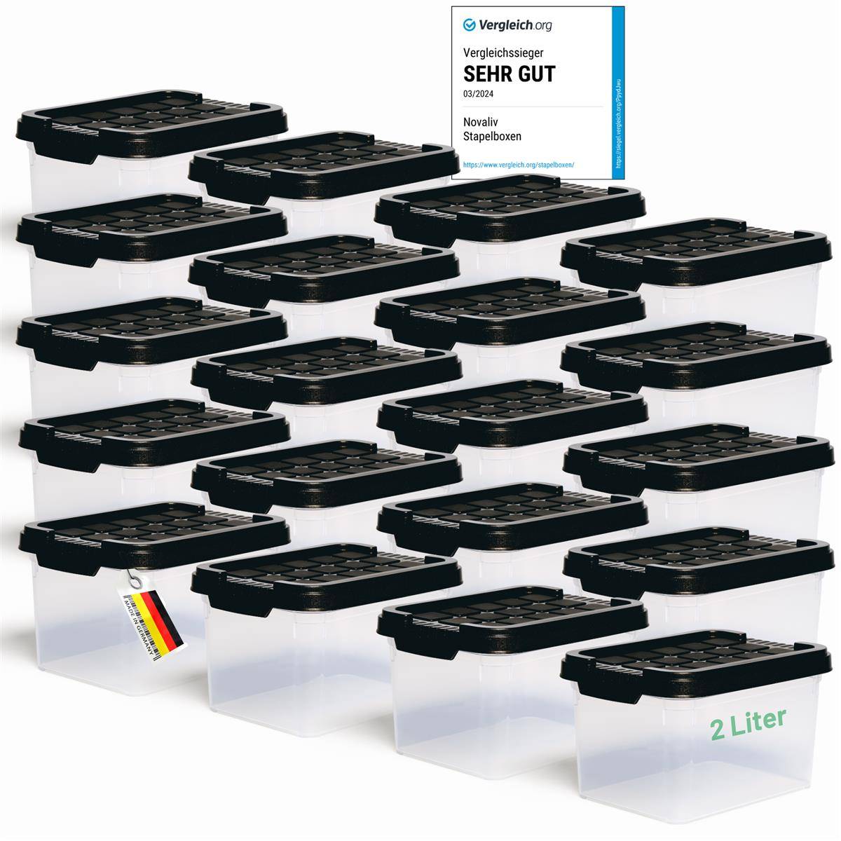 Novaliv 20x Aufbewahrungsboxen mit Deckel klein 2 L Anthrazit Nestbar stapelbare Plastikboxen mit Clipverschluss Kunststoff BPA-frei 19 x 14 x 11 cm