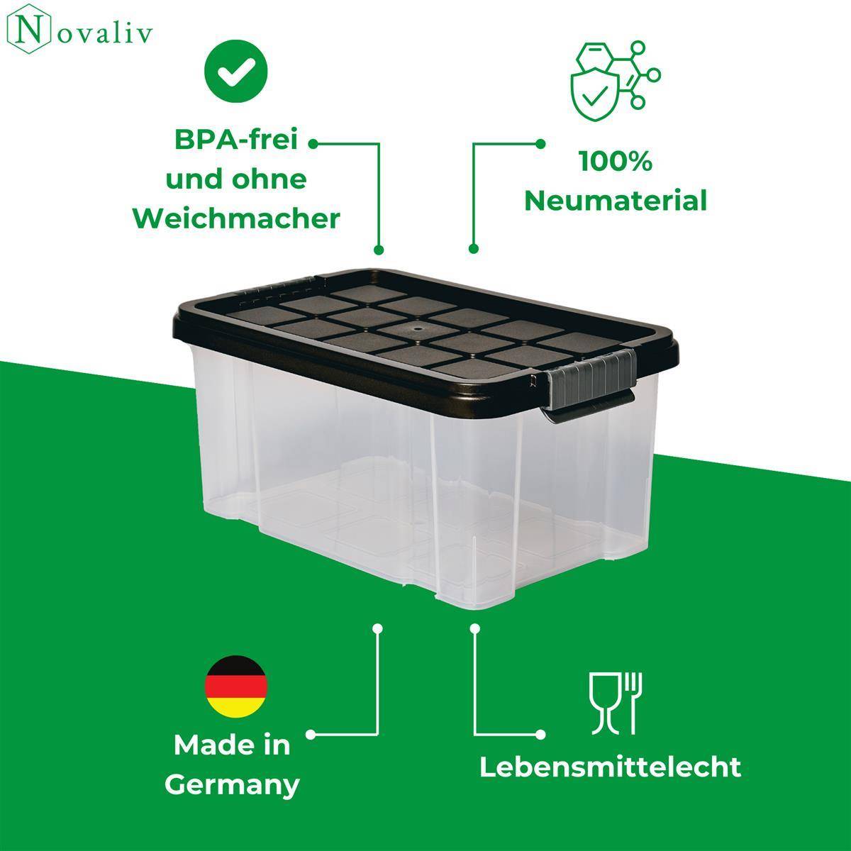 Novaliv Aufbewahrungsbox mit Deckel 5L Anthrazit Nestbar stapelbare Plastikbox mit Clipverschluss Eurobox Kunststoff BPA-frei 30 x 19 x 14 cm