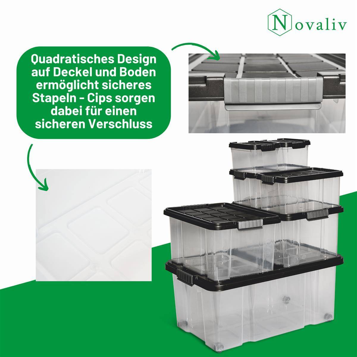 Novaliv Aufbewahrungsbox mit Deckel 27L Anthrazit Nestbar stapelbare Plastikbox mit Clipverschluss Eurobox Kunststoffbox BPA-frei 46,5x36,5x24 cm