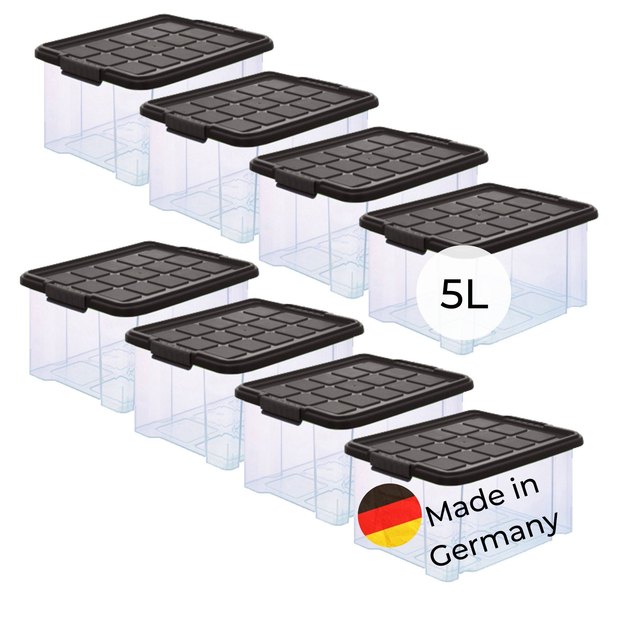 Novaliv 8x Aufbewahrungsboxen mit Deckel 5L Anthrazit Nestbar stapelbare Storage boxes mit Clipverschluss Kunststoff BPA-frei 30 x 19 x 14 cm