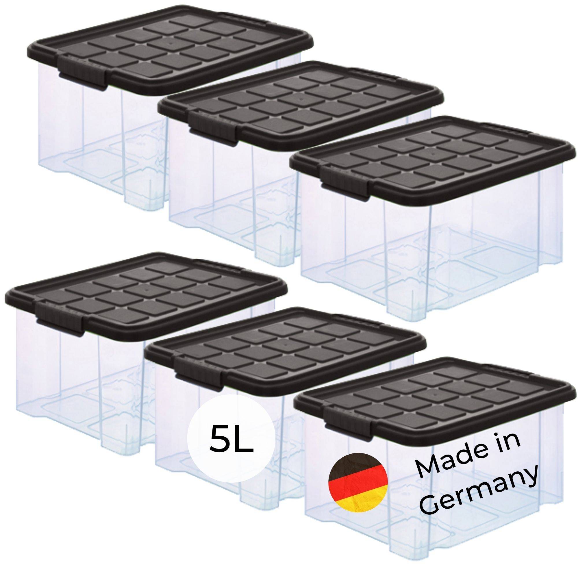 Novaliv 6x Aufbewahrungsboxen mit Deckel 5L Anthrazit Nestbar stapelbare Storage boxes mit Clipverschluss Kunststoff BPA-frei 30 x 19 x 14 cm
