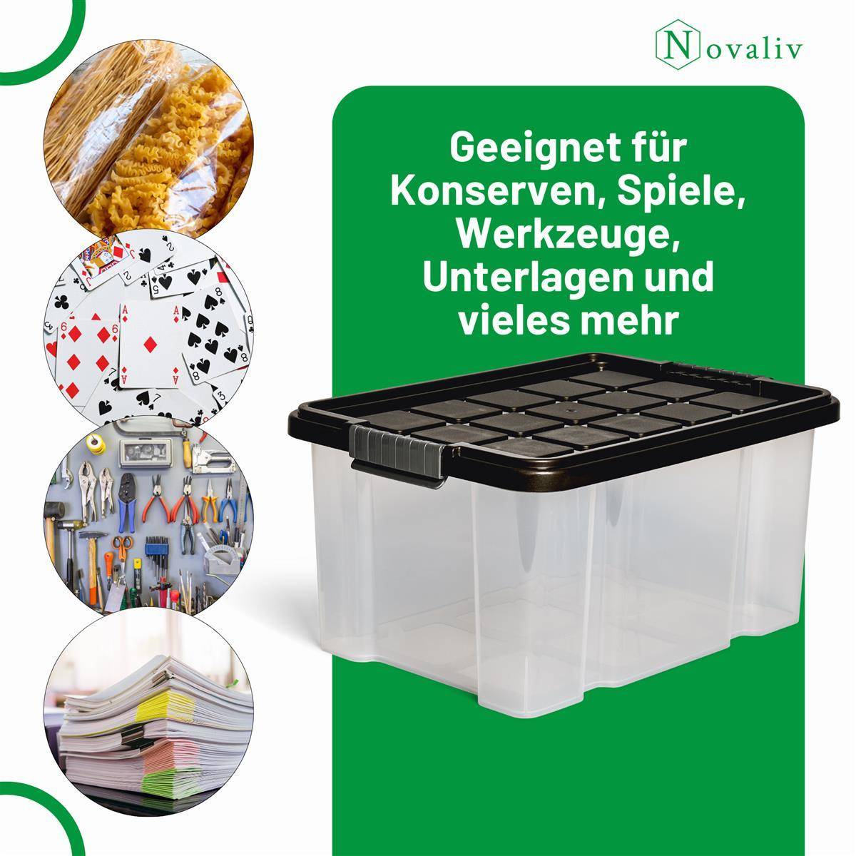 Novaliv Aufbewahrungsbox mit Deckel 15L Anthrazit Nestbar stapelbare Plastikbox mit Clipverschluss Eurobox Kunststoffbox BPA-frei 41 x 29 x 20 cm