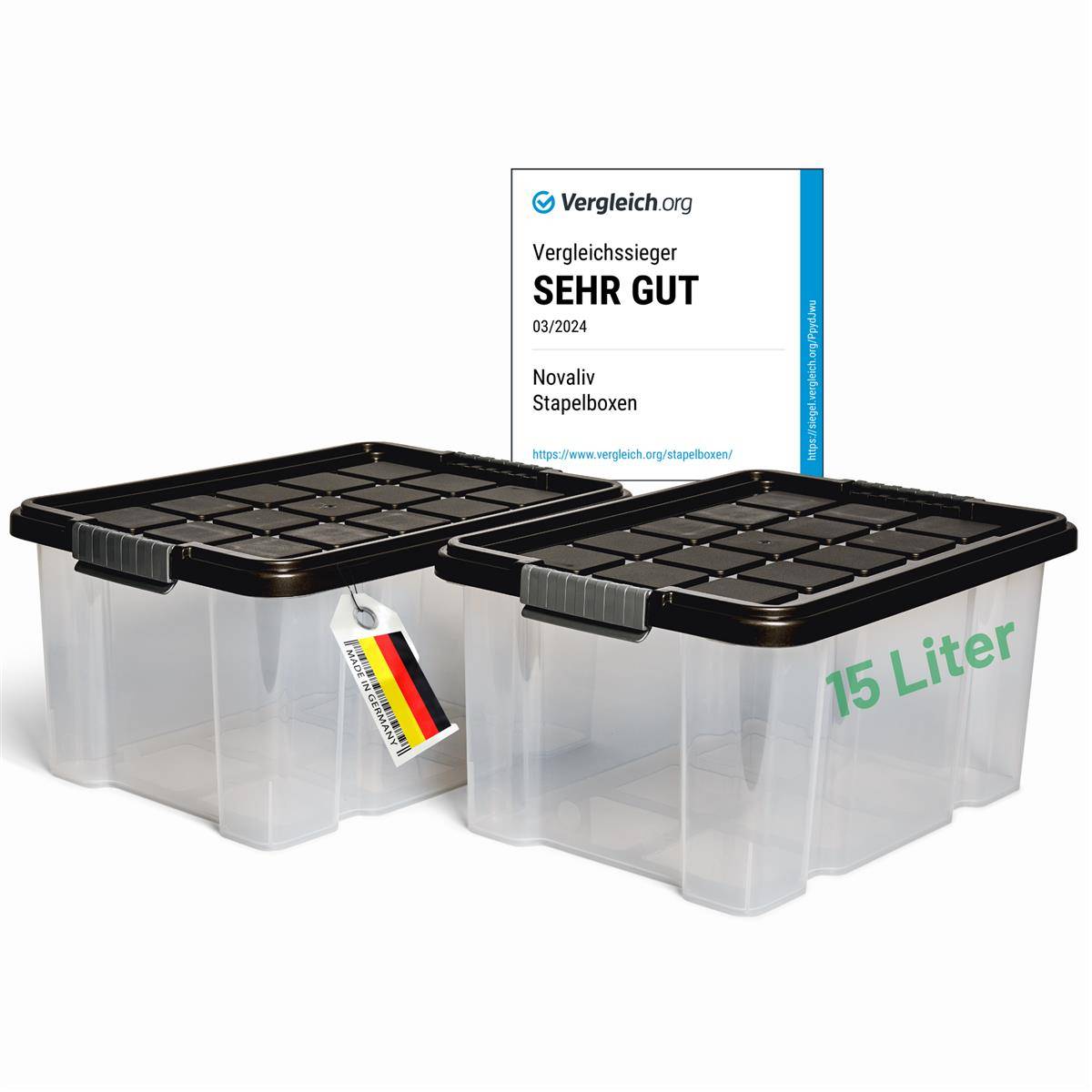 Novaliv 2x Aufbewahrungsboxen mit Deckel 15L Anthrazit Nestbar stapelbare Storage boxes mit Clipverschluss Kunststoffbox BPA-frei 41 x 29 x 20 cm