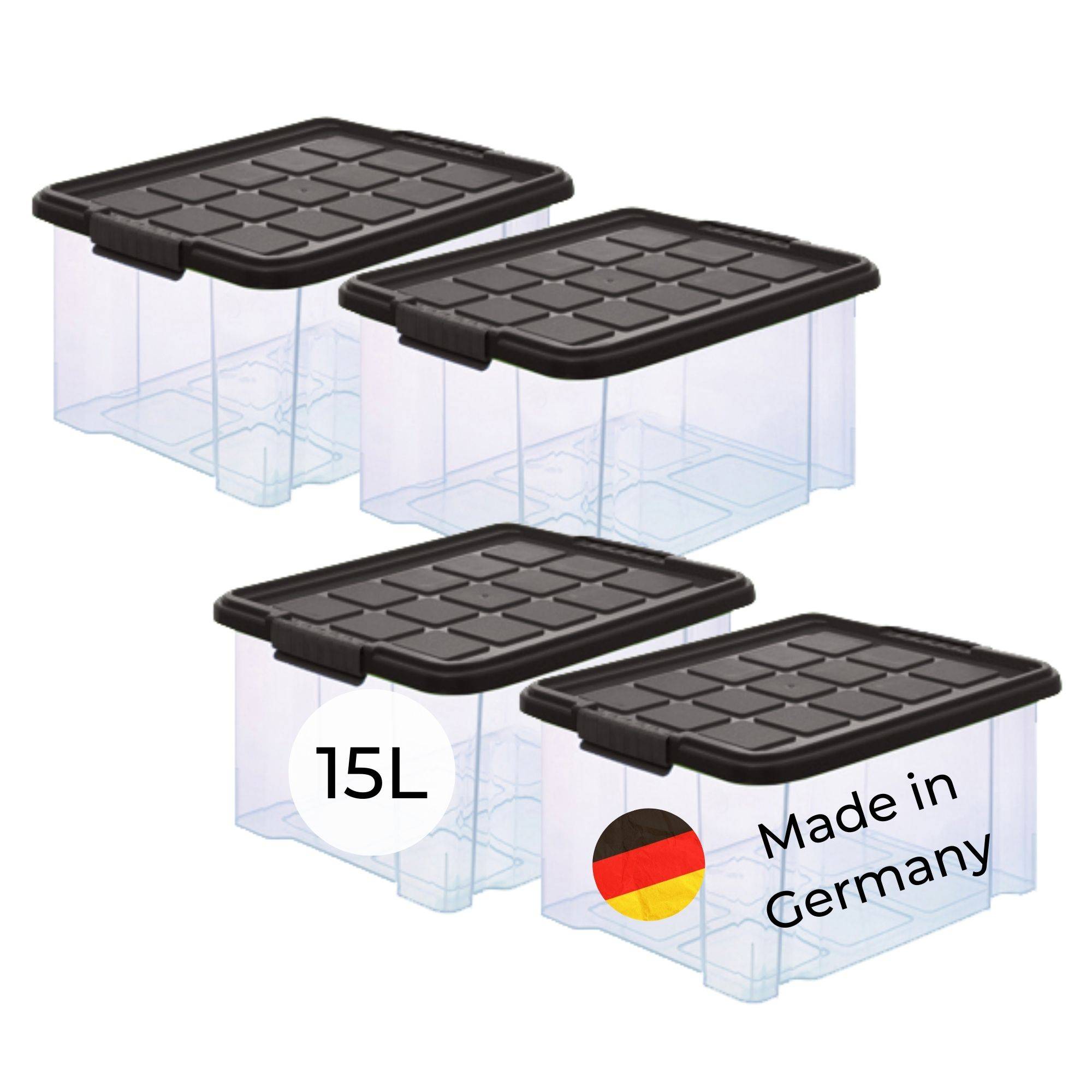 Novaliv 4x Aufbewahrungsboxen mit Deckel 15L Anthrazit Nestbar stapelbare Storage boxes mit Clipverschluss Kunststoffbox BPA-frei 41 x 29 x 20 cm