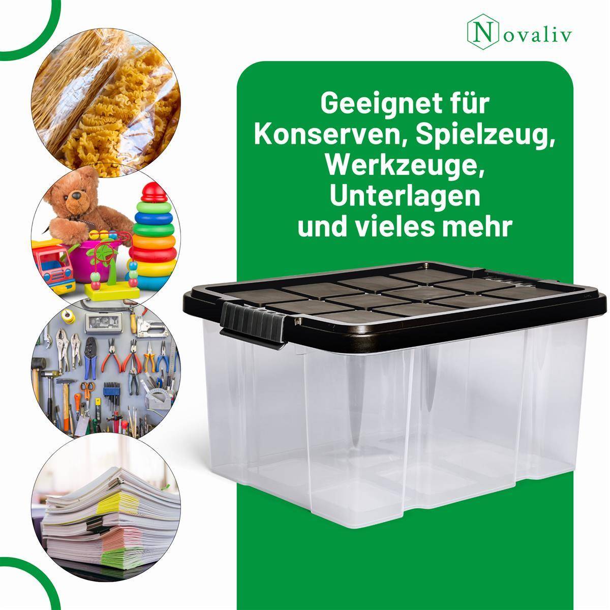 Novaliv Aufbewahrungsbox mit Deckel 27L Anthrazit Nestbar stapelbare Plastikbox mit Clipverschluss Eurobox Kunststoffbox BPA-frei 46,5x36,5x24 cm