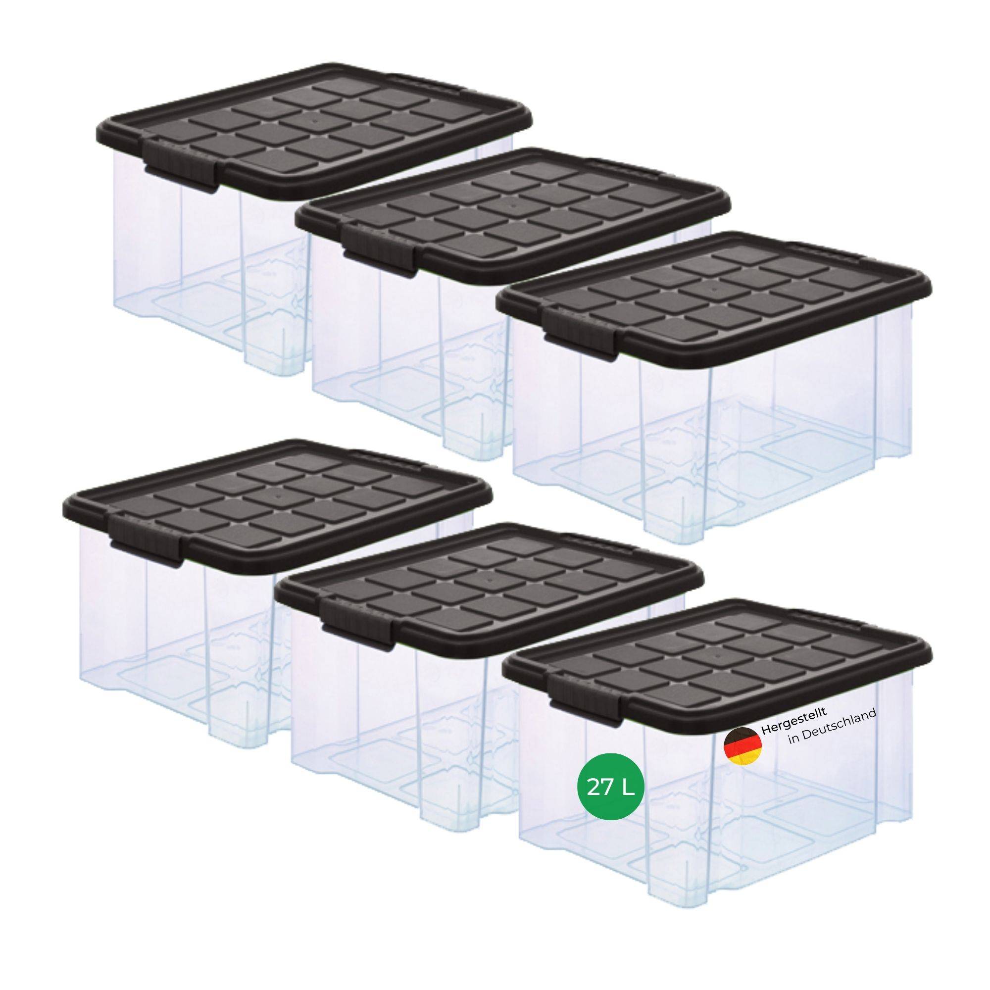 Novaliv 6x Aufbewahrungsboxen mit Deckel 27L Anthrazit Nestbar stapelbare Storage boxes mit Clipverschluss Kunststoffbox BPA-frei 46,5x36,5x24 cm