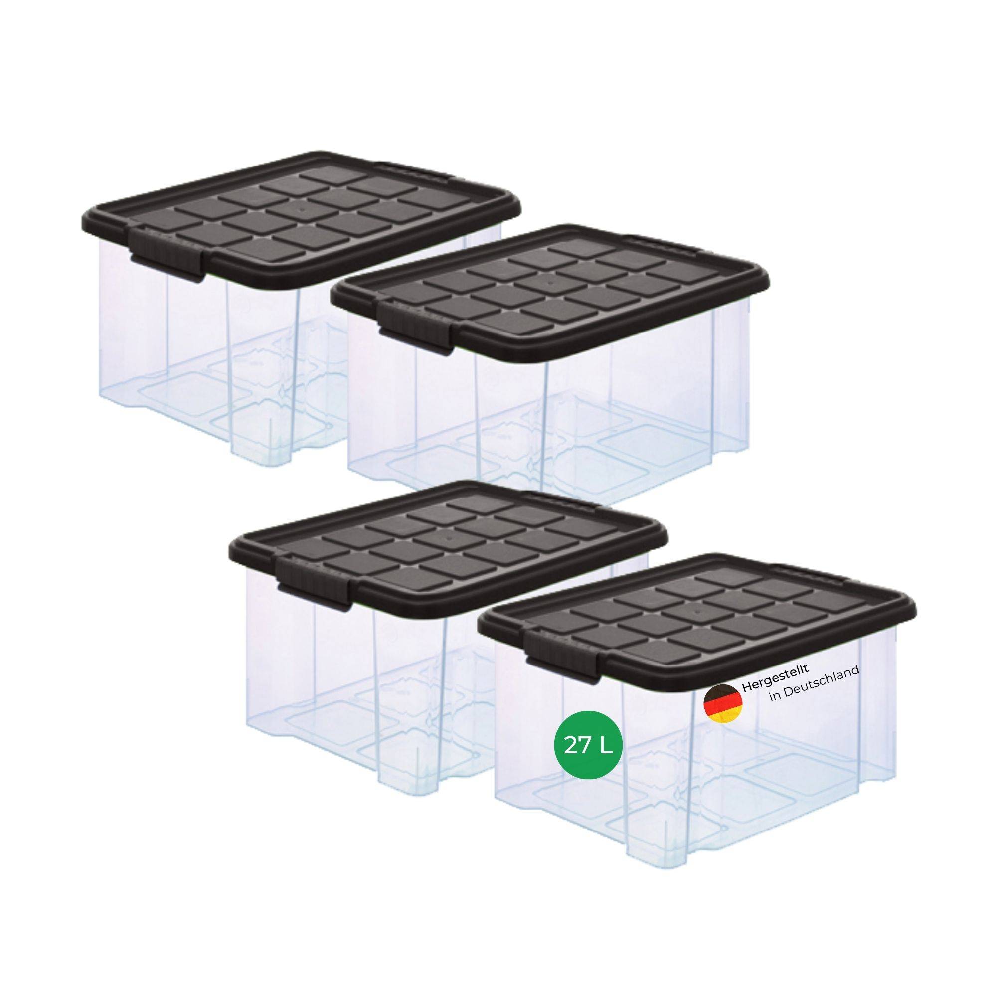 Novaliv 4x Aufbewahrungsboxen mit Deckel 27L Anthrazit Nestbar stapelbare Storage boxes mit Clipverschluss Kunststoffbox BPA-frei 46,5x36,5x24 cm