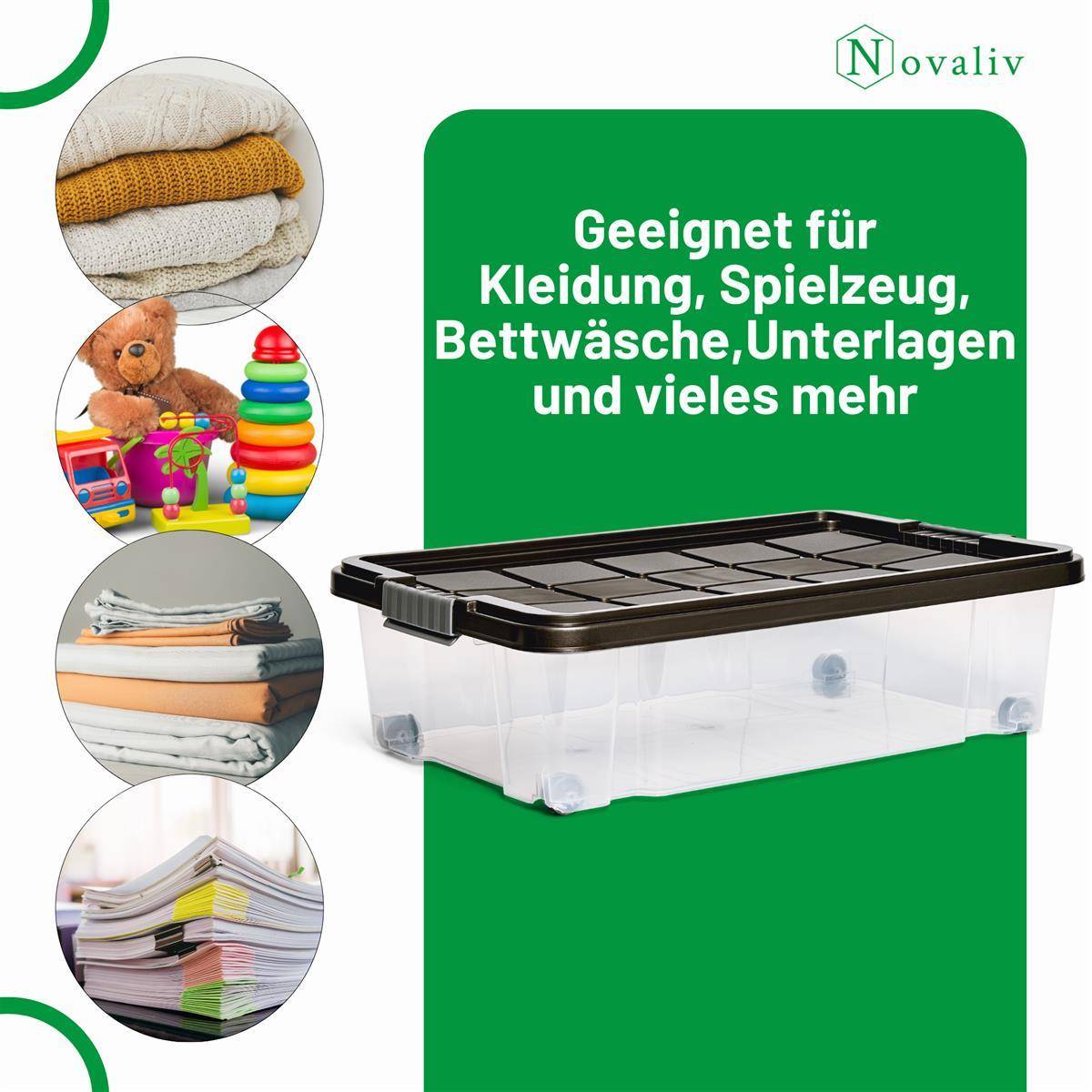Novaliv 2x Unterbettkommode mit Rollen 28L Aufbewahrungsbox Deckel Anthrazit Nestbar stapelbare mit Clipverschluss Rollkiste BPA-frei 61x40x17 cm
