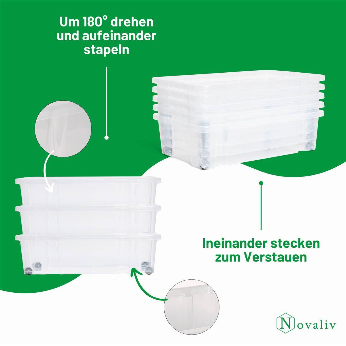 Novaliv 2x Unterbettkommode mit Rollen 28L Aufbewahrungsbox Deckel Anthrazit Nestbar stapelbare mit Clipverschluss Rollkiste BPA-frei 61x40x17 cm