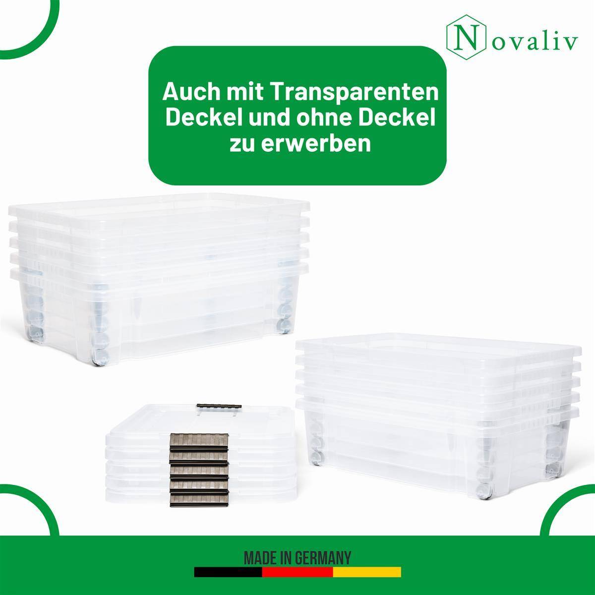 Novaliv 2x Unterbettkommode mit Rollen 28L Aufbewahrungsbox Deckel Anthrazit Nestbar stapelbare mit Clipverschluss Rollkiste BPA-frei 61x40x17 cm