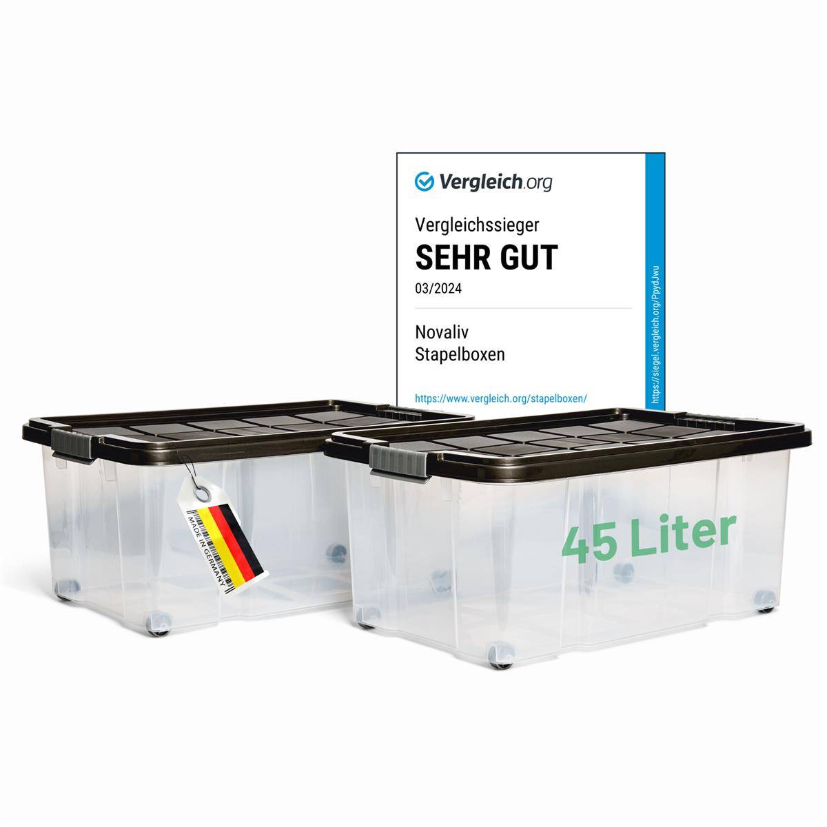 Novaliv 2x Aufbewahrungsboxen mit Deckel Groß 45L Anthrazit Nestbar stapelbar mit Clipverschluss Rollboxen Kunststoff BPA-frei 61x40x26 cm