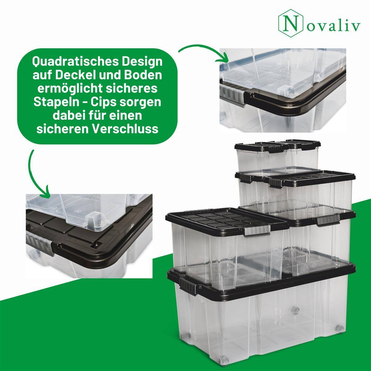 Novaliv 2x Aufbewahrungsboxen mit Deckel Groß 45L Anthrazit Nestbar stapelbar mit Clipverschluss Rollboxen Kunststoff BPA-frei 61x40x26 cm
