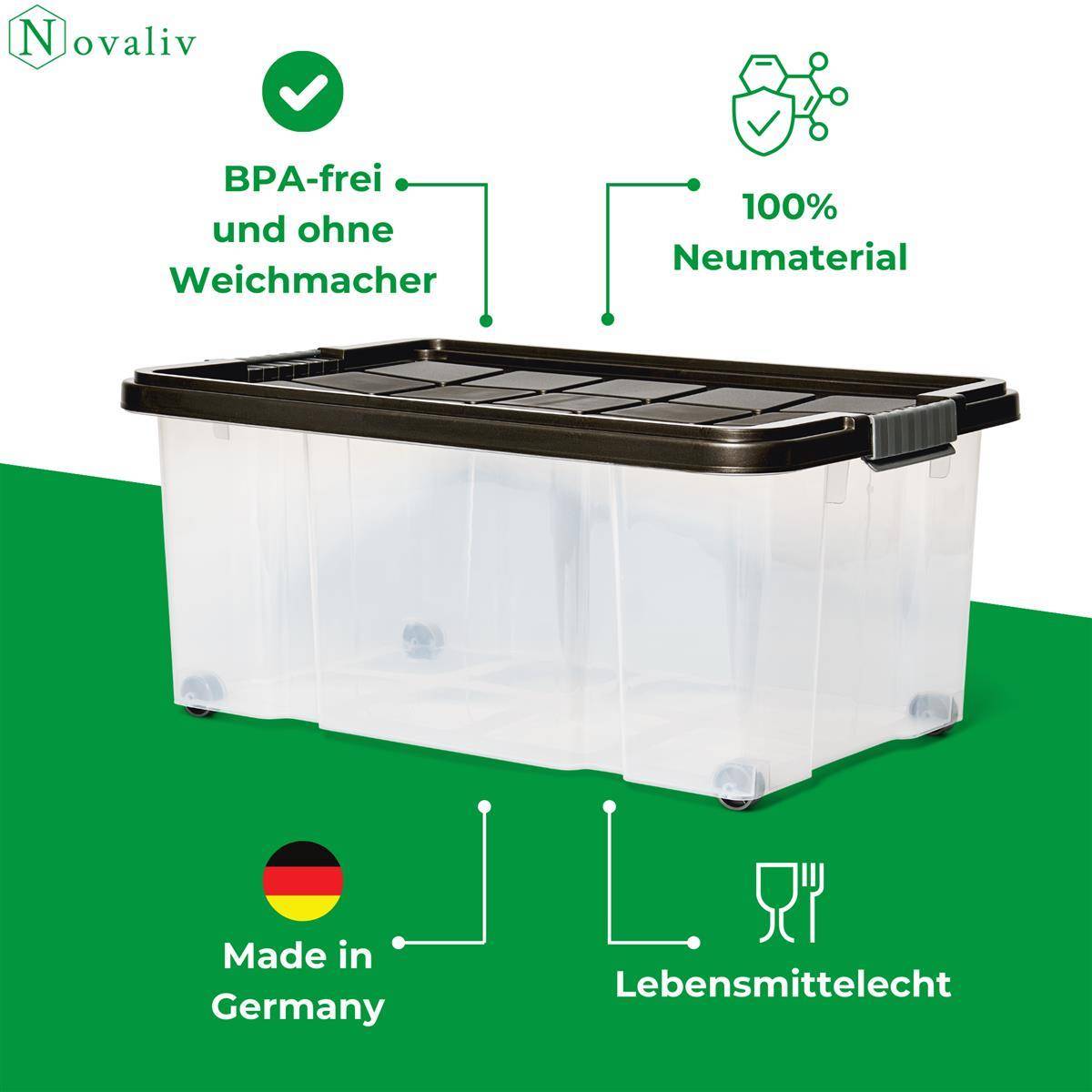 Novaliv Aufbewahrungsbox mit Deckel Groß 45L Anthrazit Nestbar stapelbare Plastikbox mit Clipverschluss Eurobox mit Deckel BPA-frei 61x40x26 cm